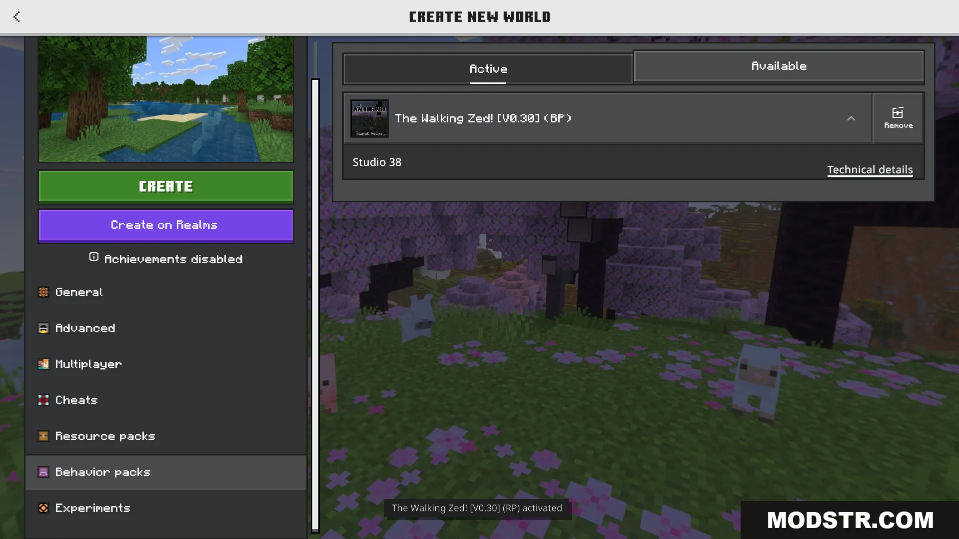 The Walking Zed Addon Screenshot 1 Activating the walking zed behavior pack in the create new world menu