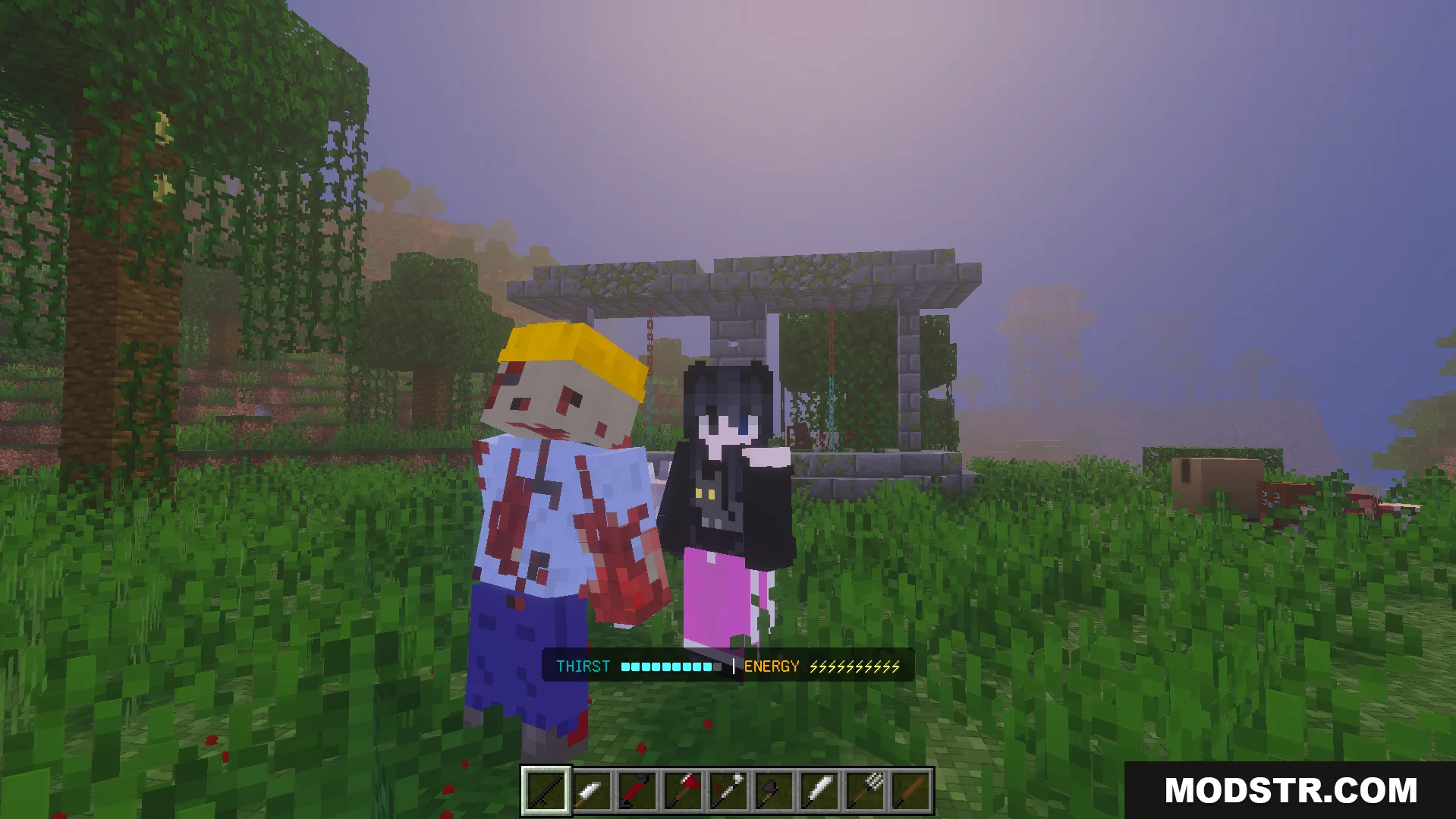 The Walking Zed Addon Screenshot 7 Player and zombie standing near stone ruins in forest