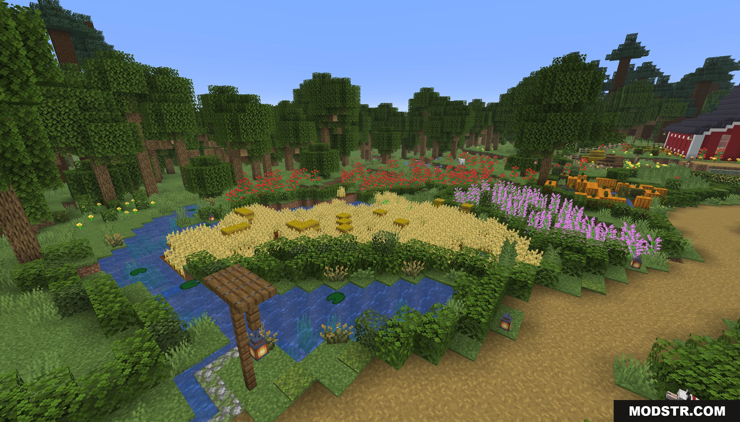 Tiny Takeover Farmstead Map Screenshot 3 Scenic view of a farm with wheat fields and colorful flowers in Minecraft