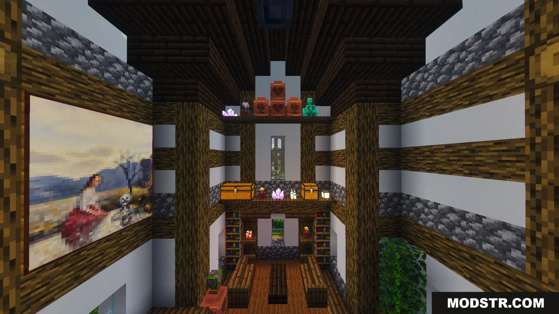 Tiny Takeover Farmstead Map Screenshot 5 Interior of a cozy farmhouse with a large painting and wooden bookshelves