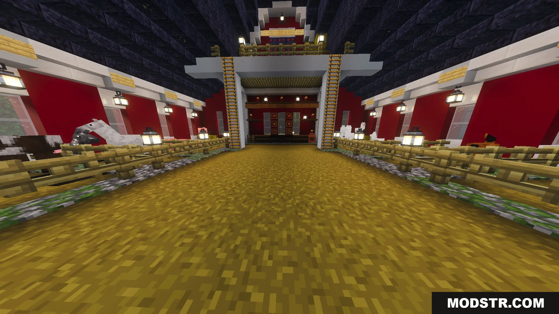 Tiny Takeover Farmstead Map Screenshot 7 Inside a red barn with animal pens lit by hanging lanterns and wooden fences