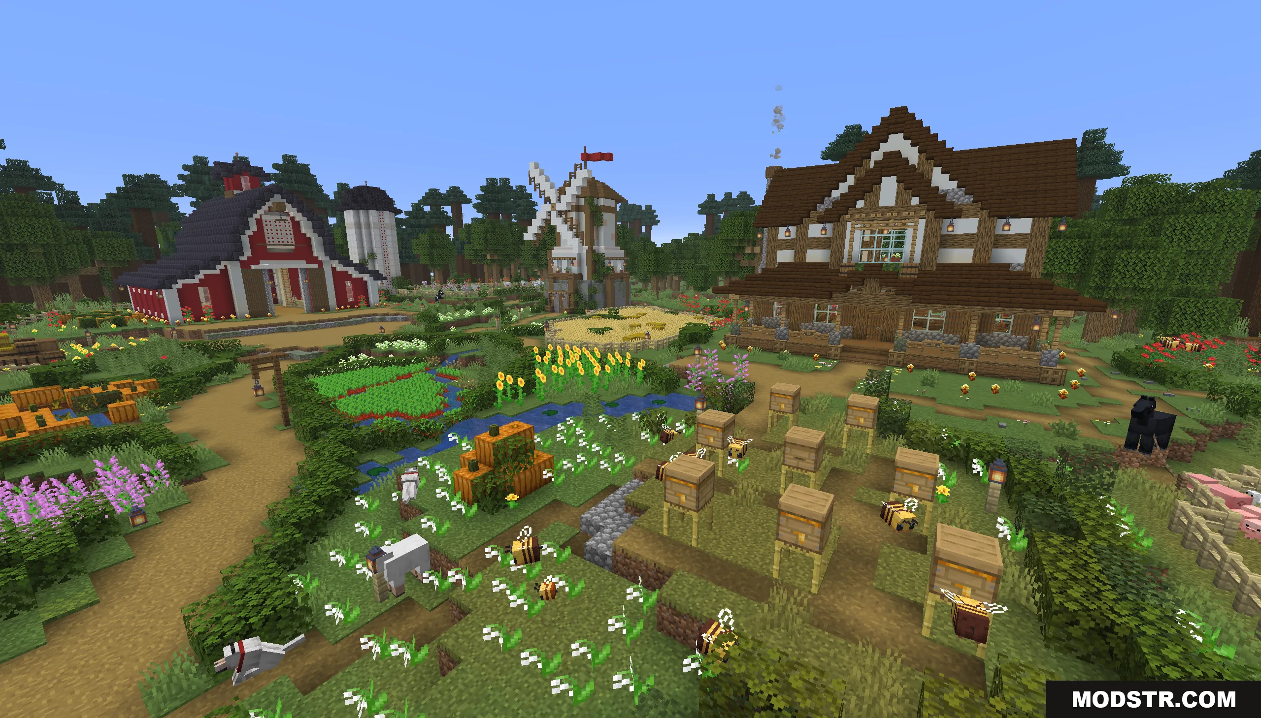Tiny Takeover Farmstead Map Screenshot 1 A large farmstead featuring a red barn windmill and colorful flower gardens