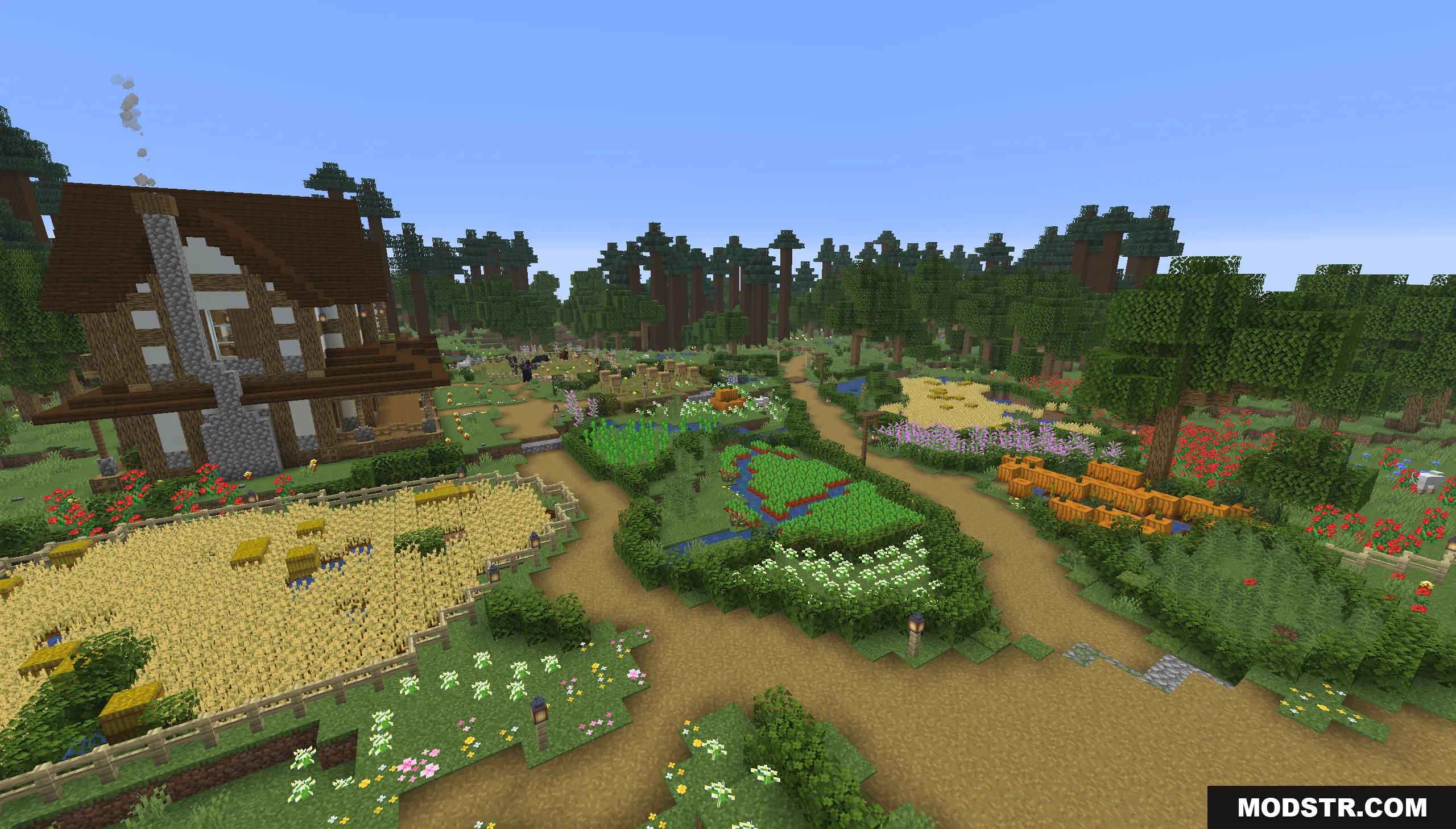 Tiny Takeover Farmstead Map Screenshot 7 A cozy Minecraft farmhouse surrounded by lush crop fields and vibrant flowers