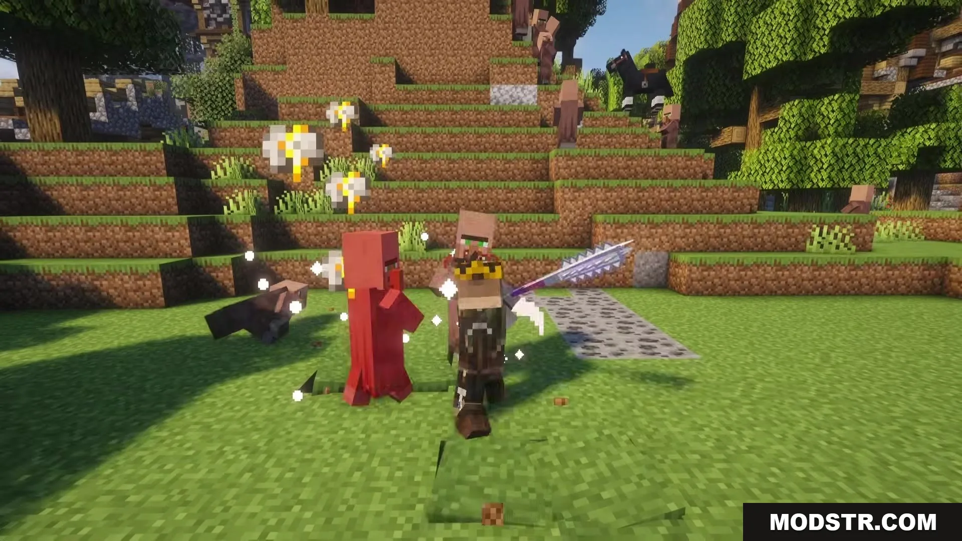 TKVM Weapons Mod Screenshot 8 A player attacks villagers with a serrated silver claymore in a grassy field