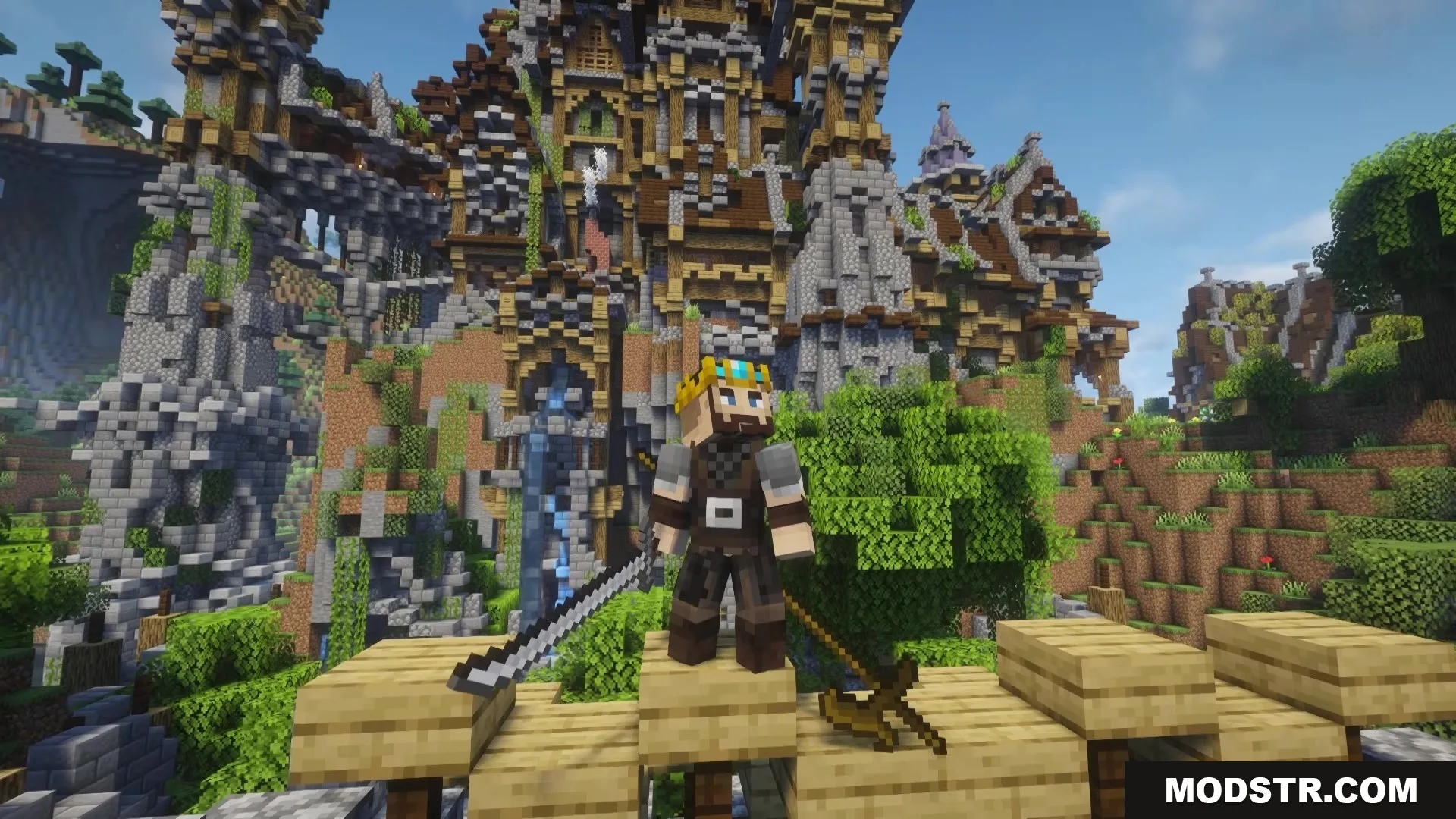 TKVM Weapons Mod Screenshot 1 A Minecraft king holding a long katana in front of a massive medieval castle