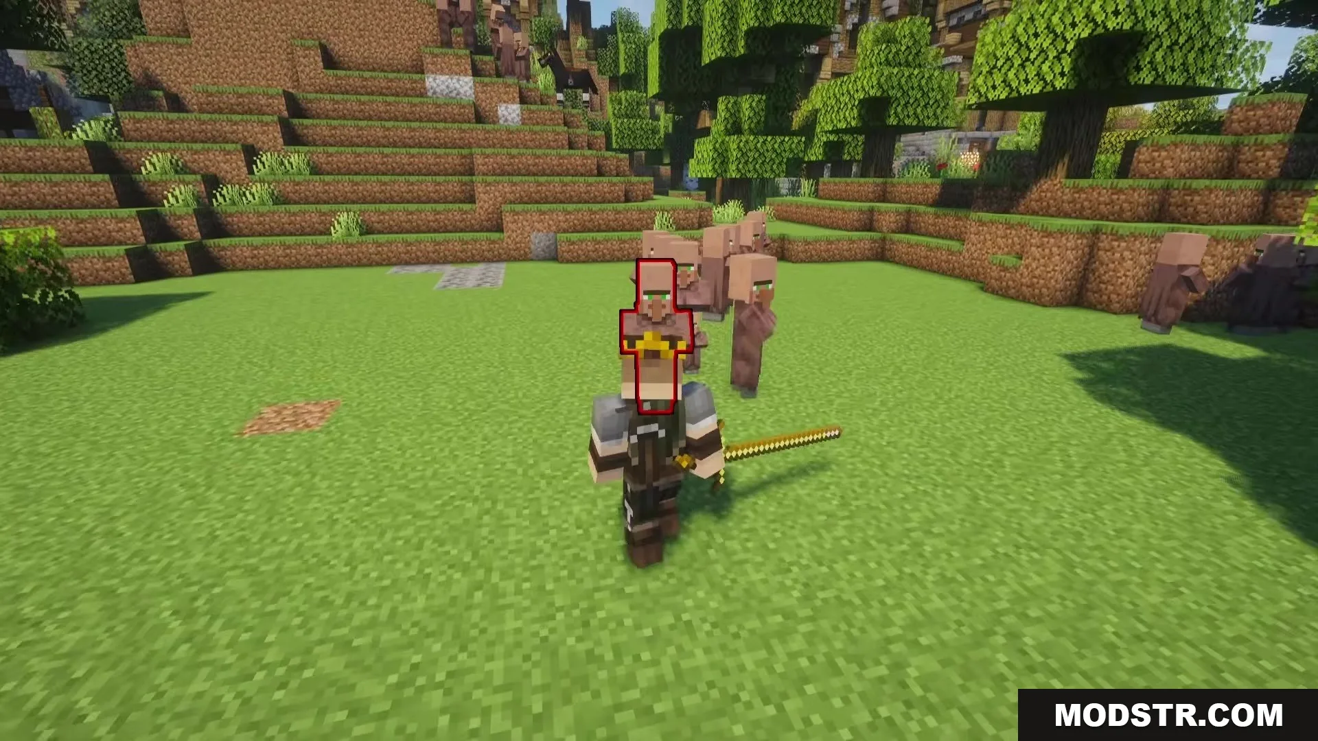 TKVM Weapons Mod Screenshot 3 A player targets a villager while holding a golden medieval sword