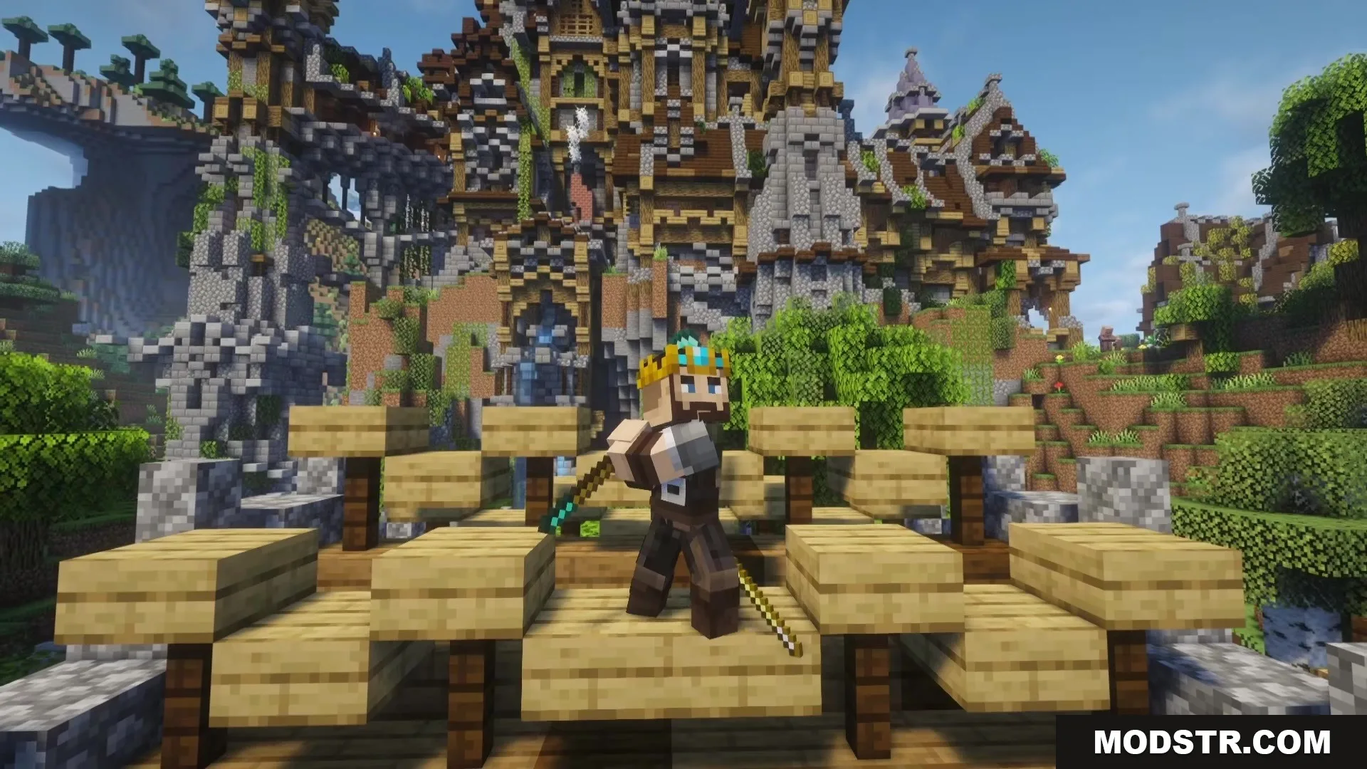 TKVM Weapons Mod Screenshot 2 Character wielding a powerful Starite weapon on a wooden platform near a fortress