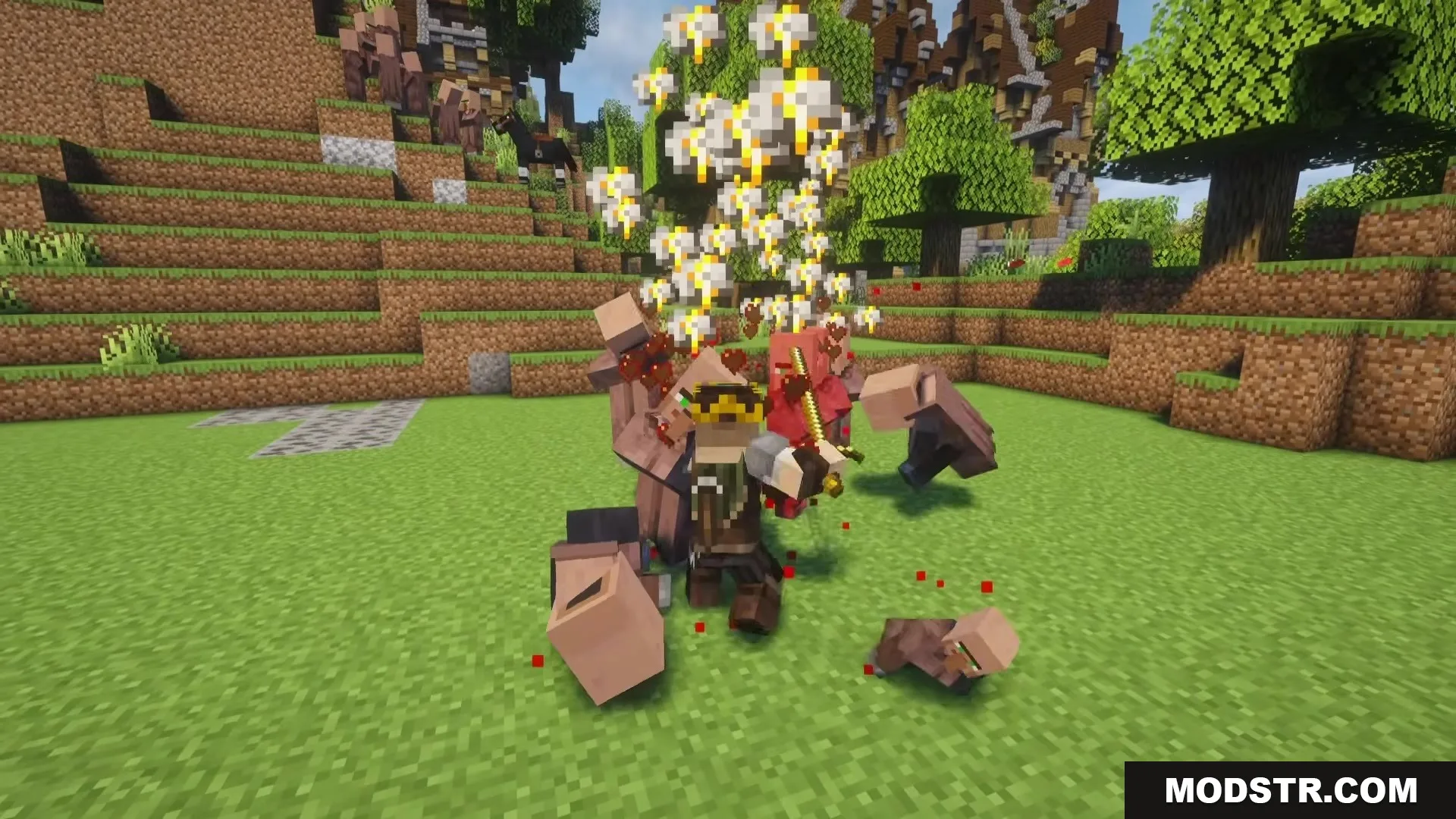 TKVM Weapons Mod Screenshot 4 The player attacks villagers with a golden sword causing sparks and particles