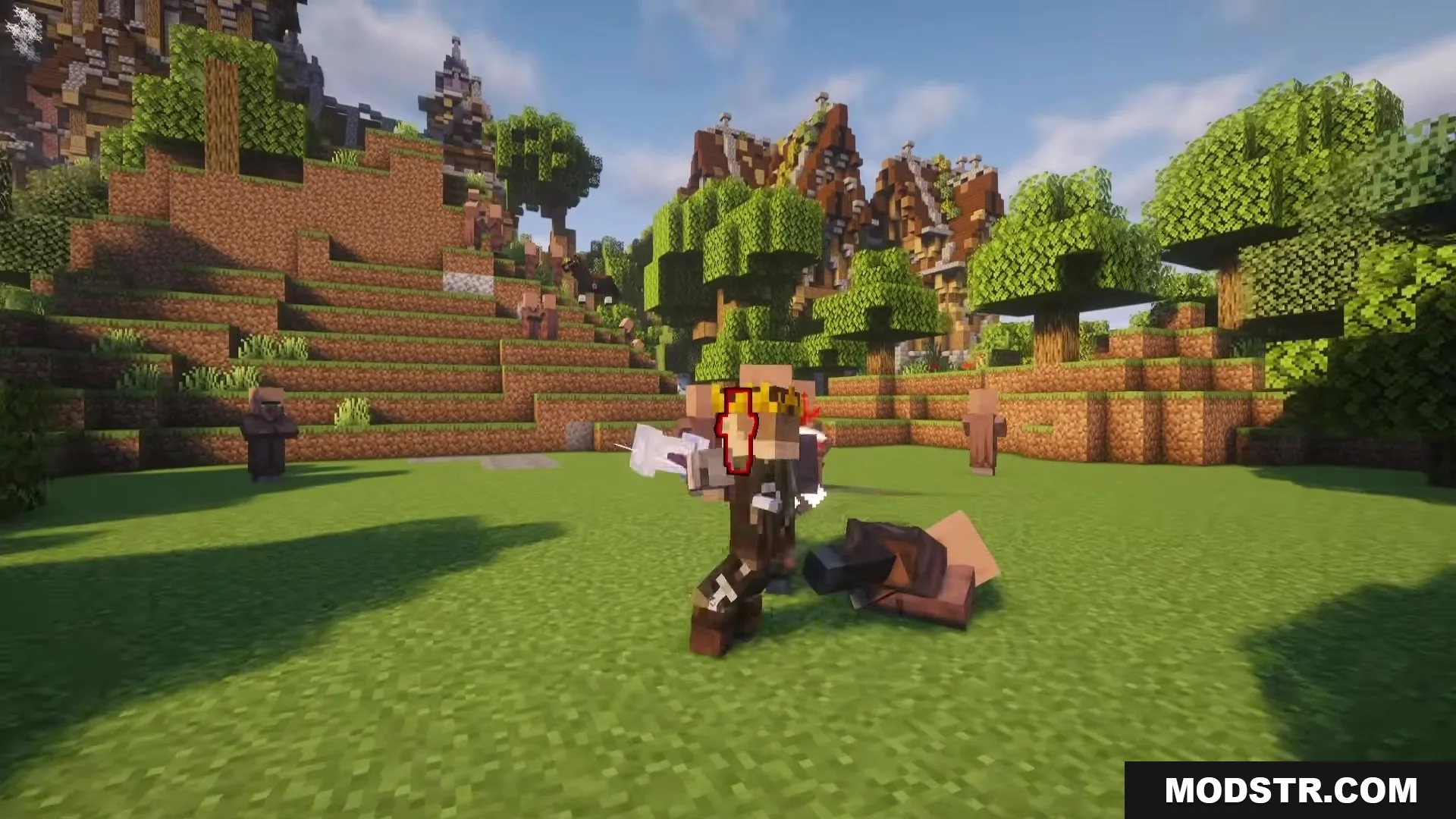TKVM Weapons Mod Screenshot 12 A player wearing a crown stands over a defeated villager with a maul