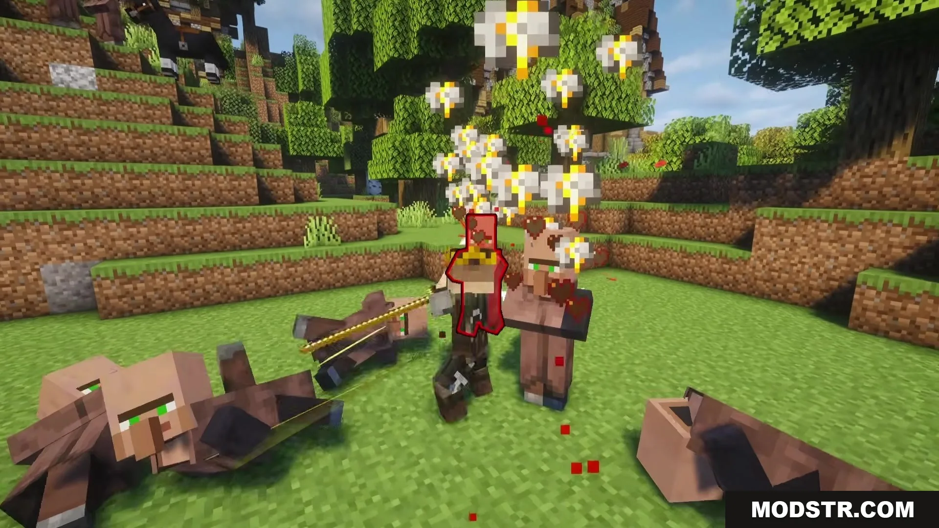 TKVM Weapons Mod Screenshot 5 A player wearing a crown and cape attacks villagers with a spear
