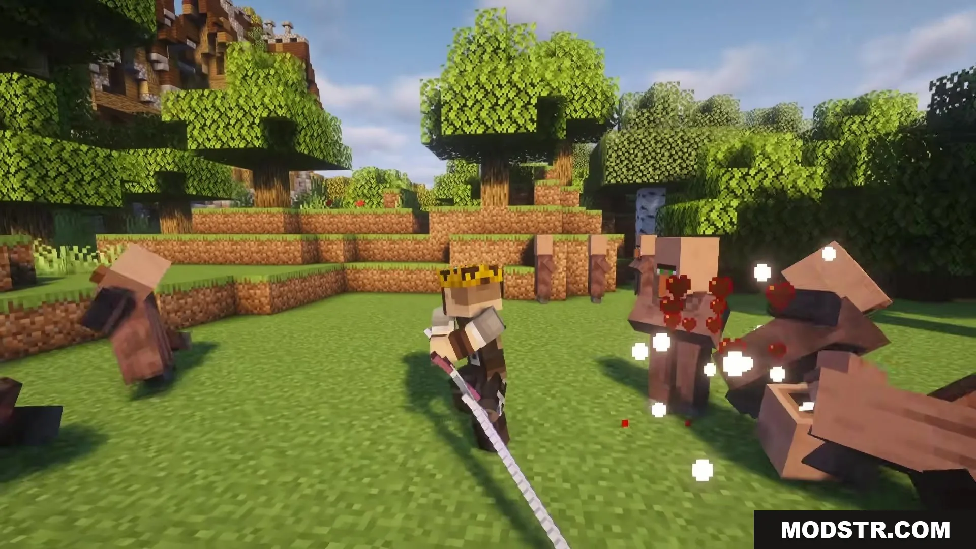 TKVM Weapons Mod Screenshot 11 A crowned player uses a polearm from TKVM Weapons Mod to attack villagers