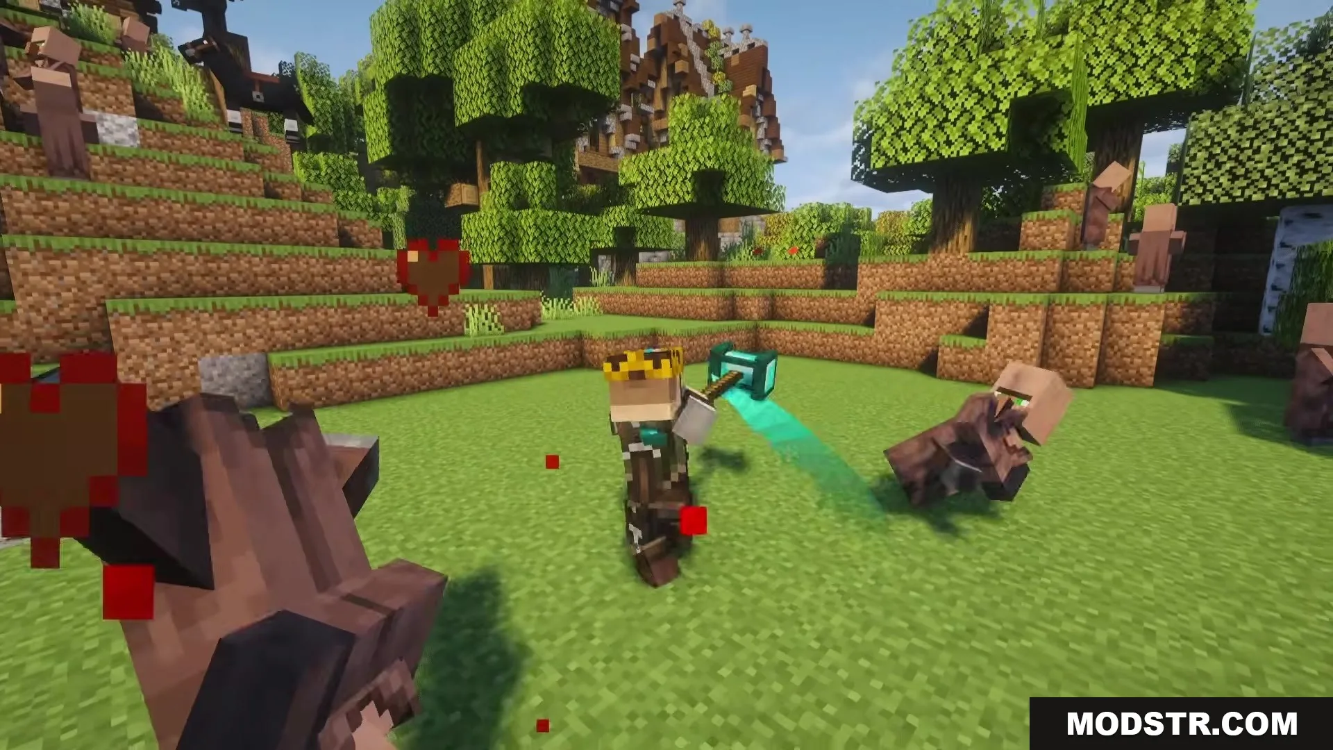TKVM Weapons Mod Screenshot 7 A player wearing a crown swings a heavy green maul at nearby villagers