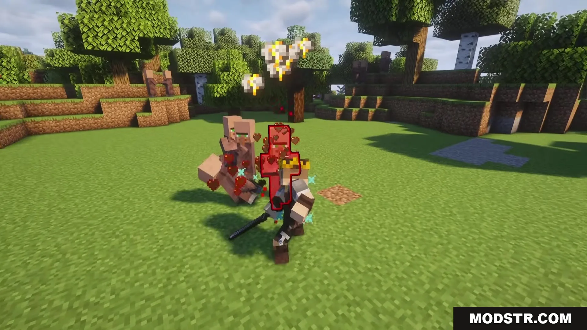 TKVM Weapons Mod Screenshot 10 The player strikes a villager with a sword causing damage and heart particles