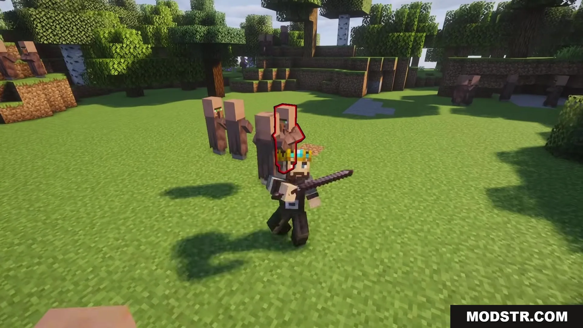 TKVM Weapons Mod Screenshot 9 A player wearing a crown holds a medieval sword near several villagers