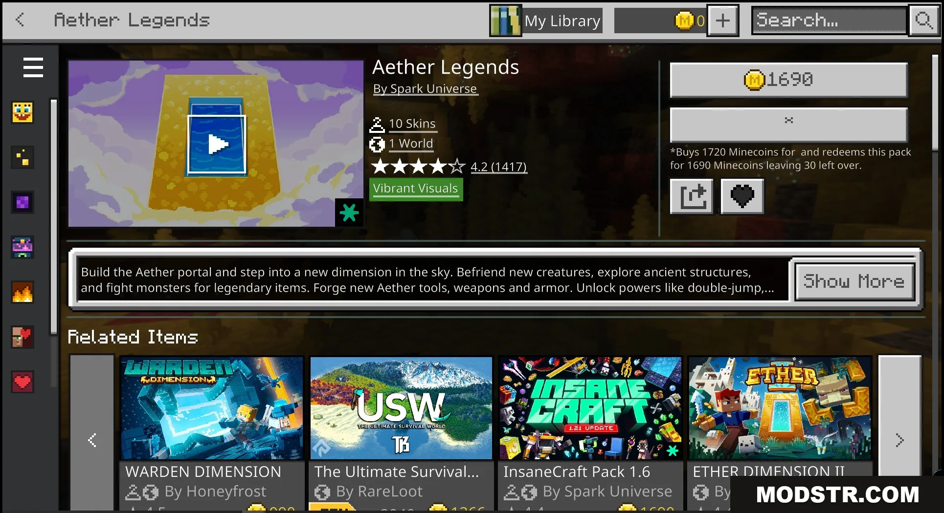 Toggle Night Vision Shader Screenshot 7 Minecraft marketplace interface showing the Aether Legends pack and related world items