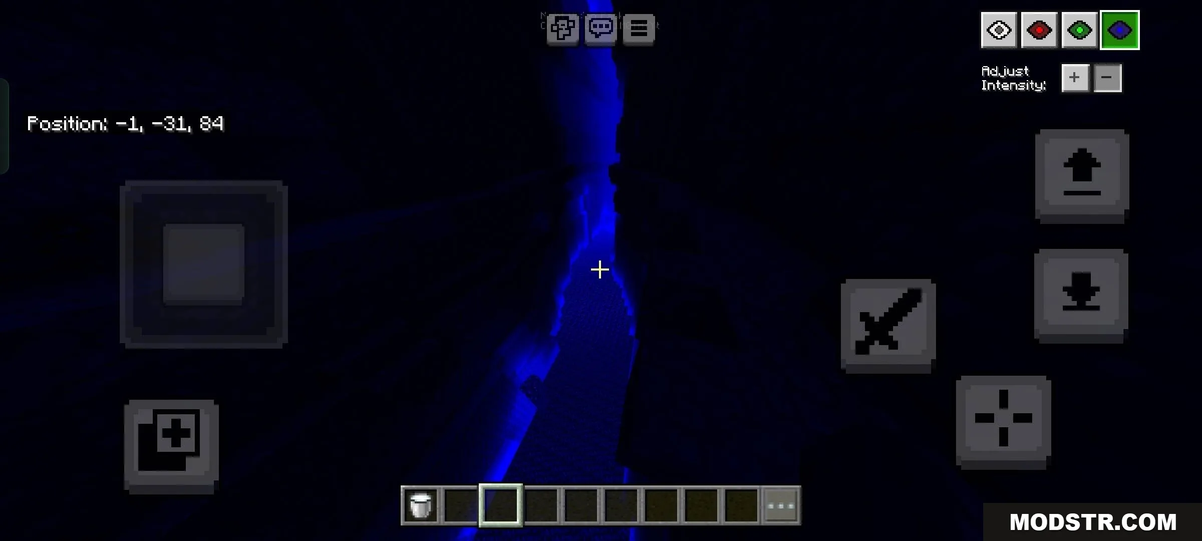 Toggle Night Vision Shader Screenshot 3 Toggle Night Vision Shader menu showing a blue light filter in a ravine