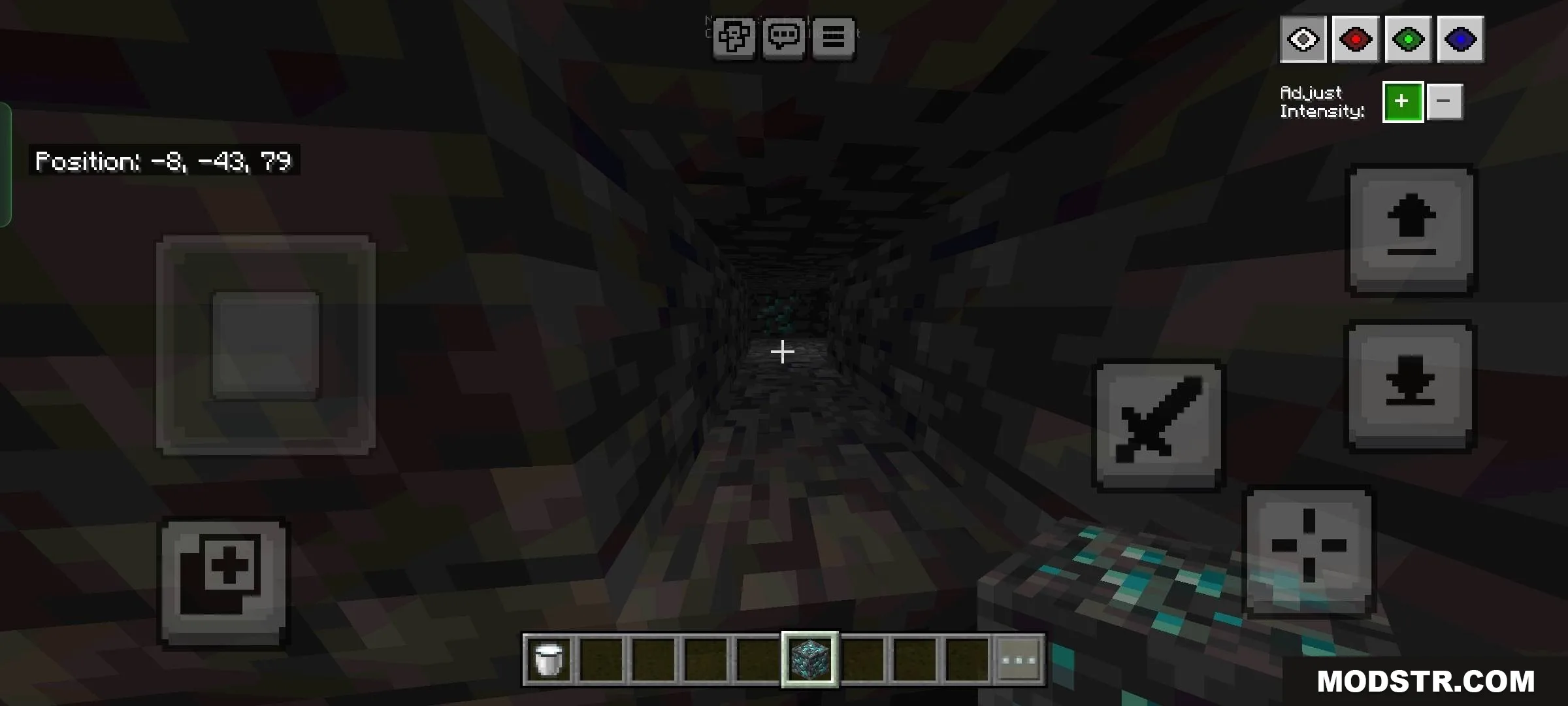 Toggle Night Vision Shader Screenshot 4 Minecraft player using a custom brightness menu to locate diamond ores underground