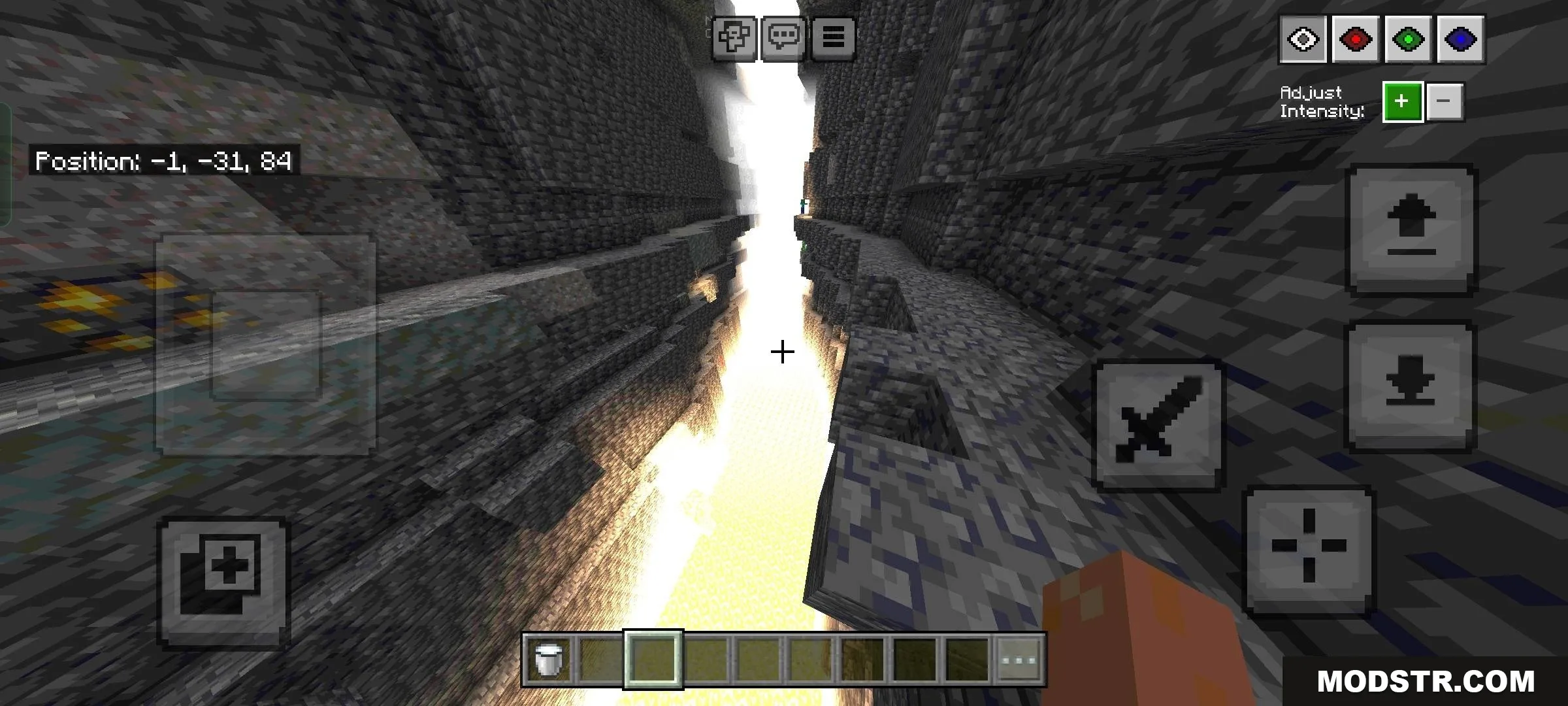 Toggle Night Vision Shader Screenshot 2 Bright shader effect illuminating a deep ravine for easier underground exploration