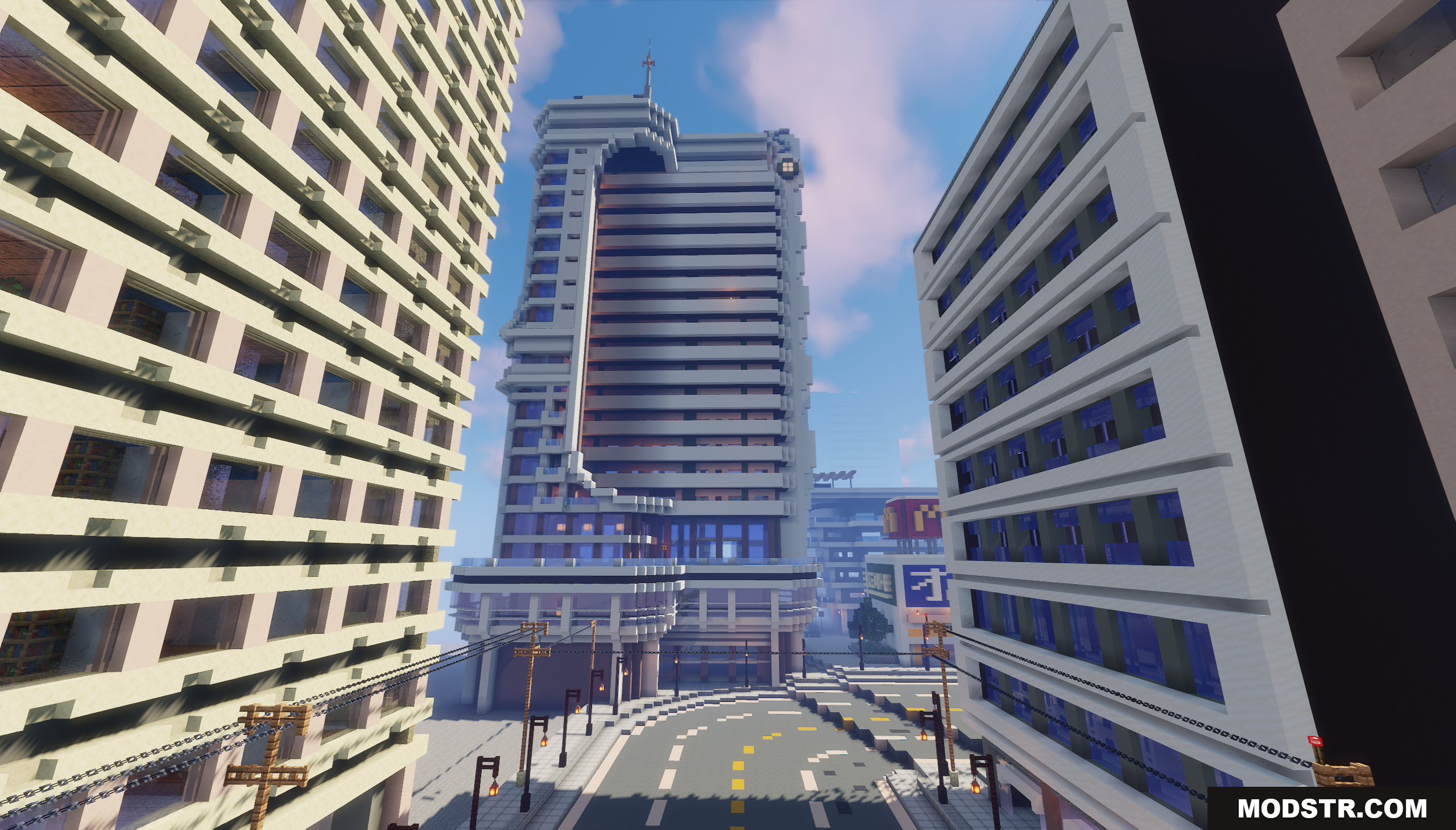Tokyo Inspired City Map Screenshot 8 Street view looking up at a futuristic city skyscraper