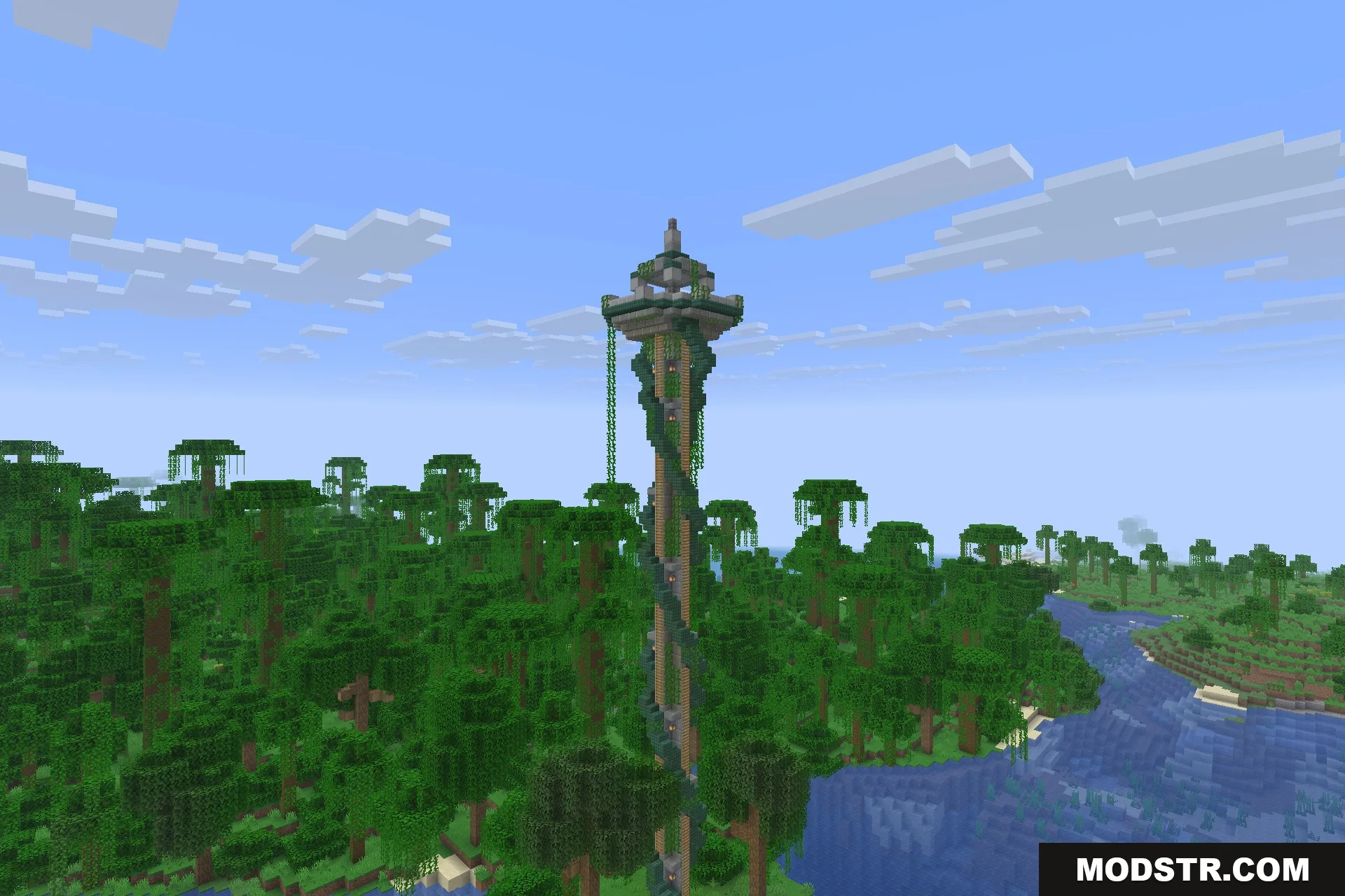 A tower breaking through the jungle canopy