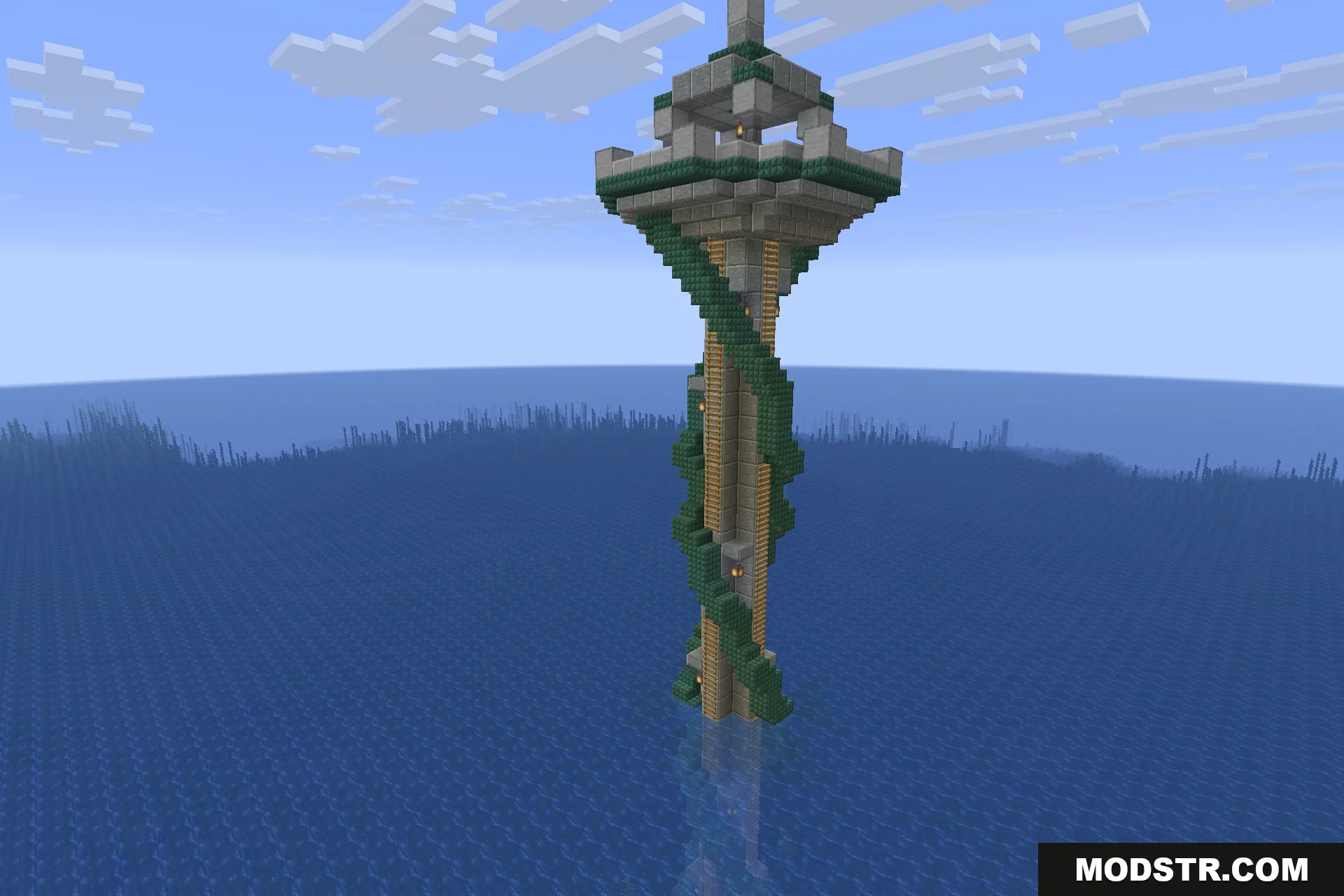 The prismarine ocean tower rising straight out of deep water