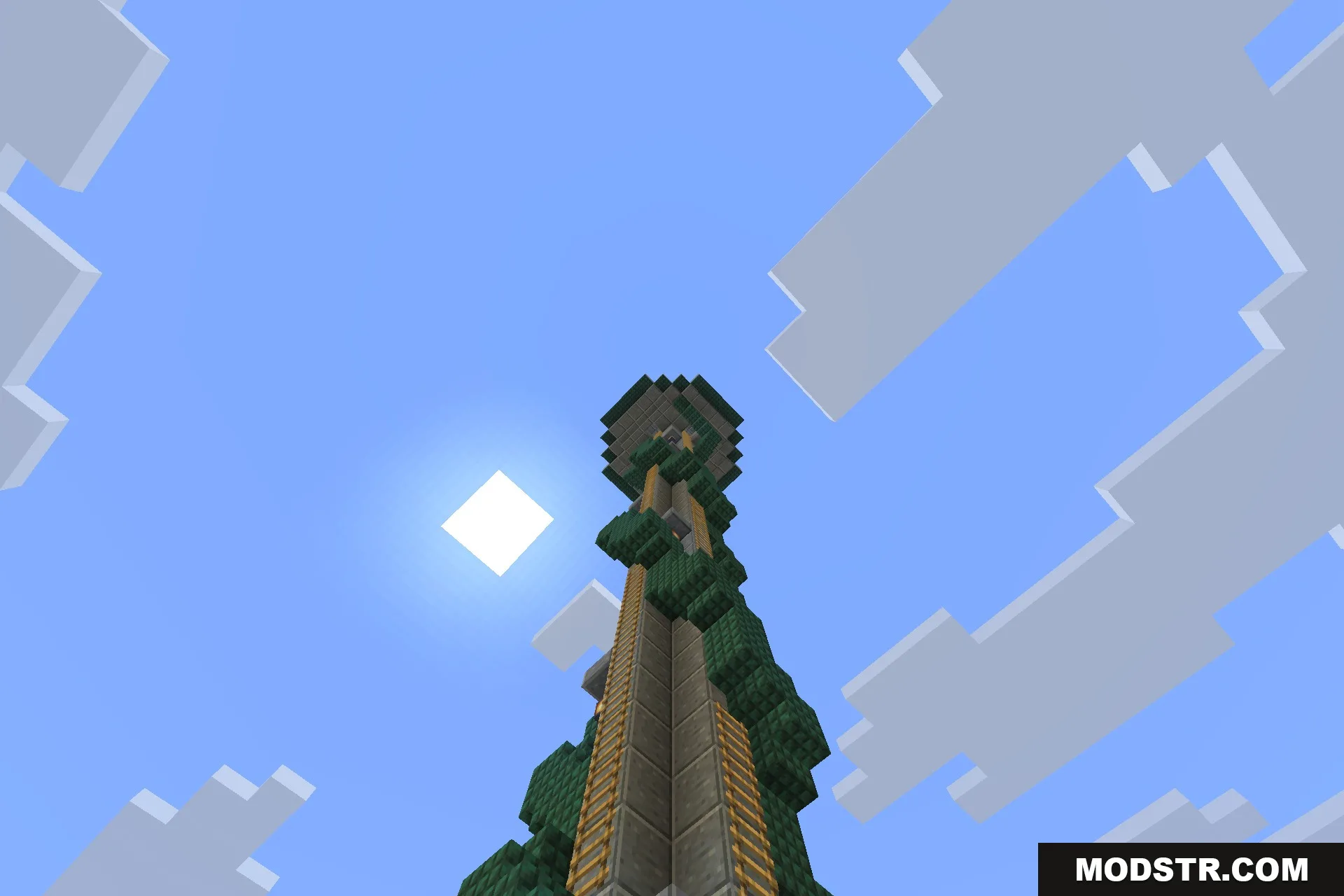 Looking up the outside of a tower to the loot room at the top