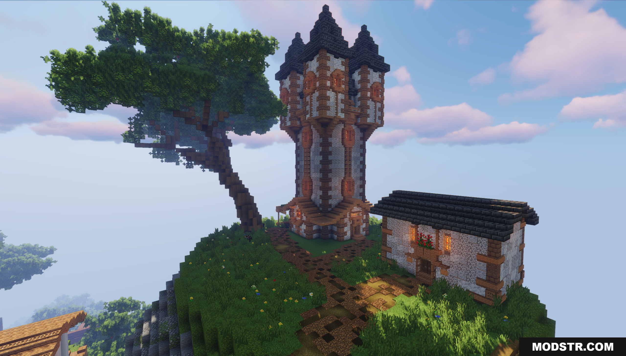 Town on the Mountain Map Screenshot 3 A tall medieval fantasy tower next to a small cottage