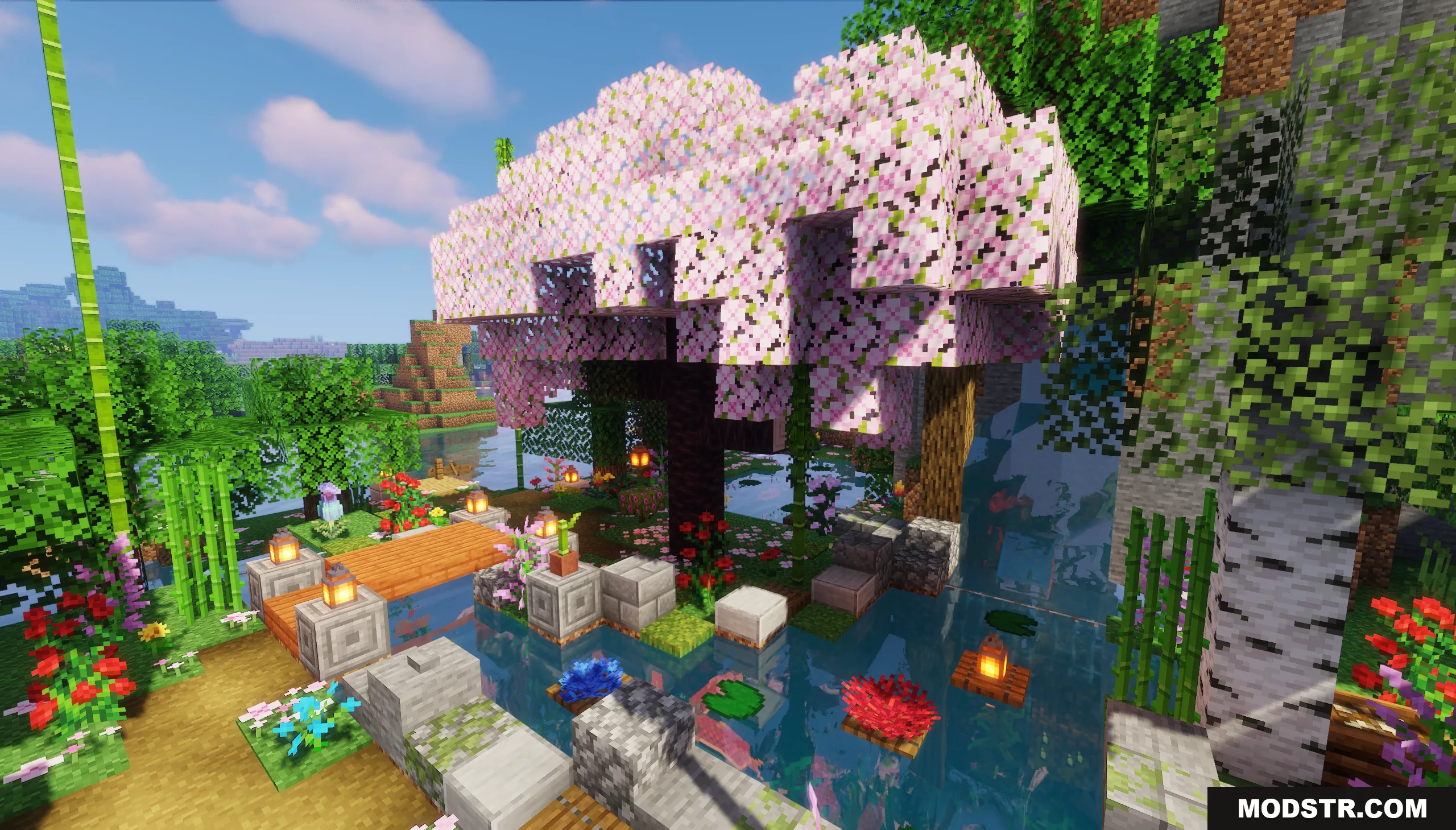 Traditional Japanese House Map Screenshot 5 A large pink cherry blossom tree stands beside a peaceful garden pond