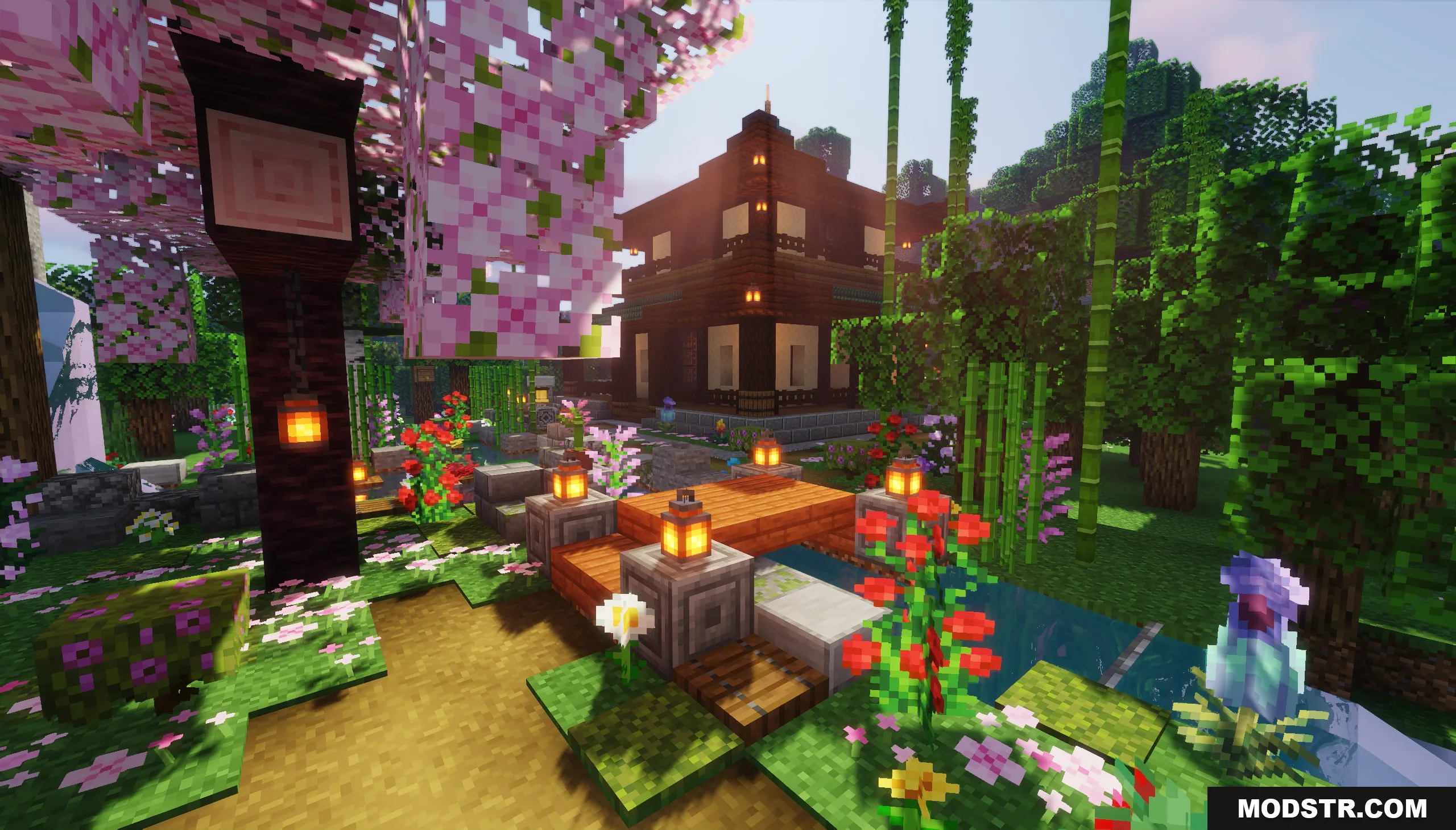 Traditional Japanese House Map Screenshot 1 Pink cherry blossoms and lanterns decorate a garden path near a wooden house