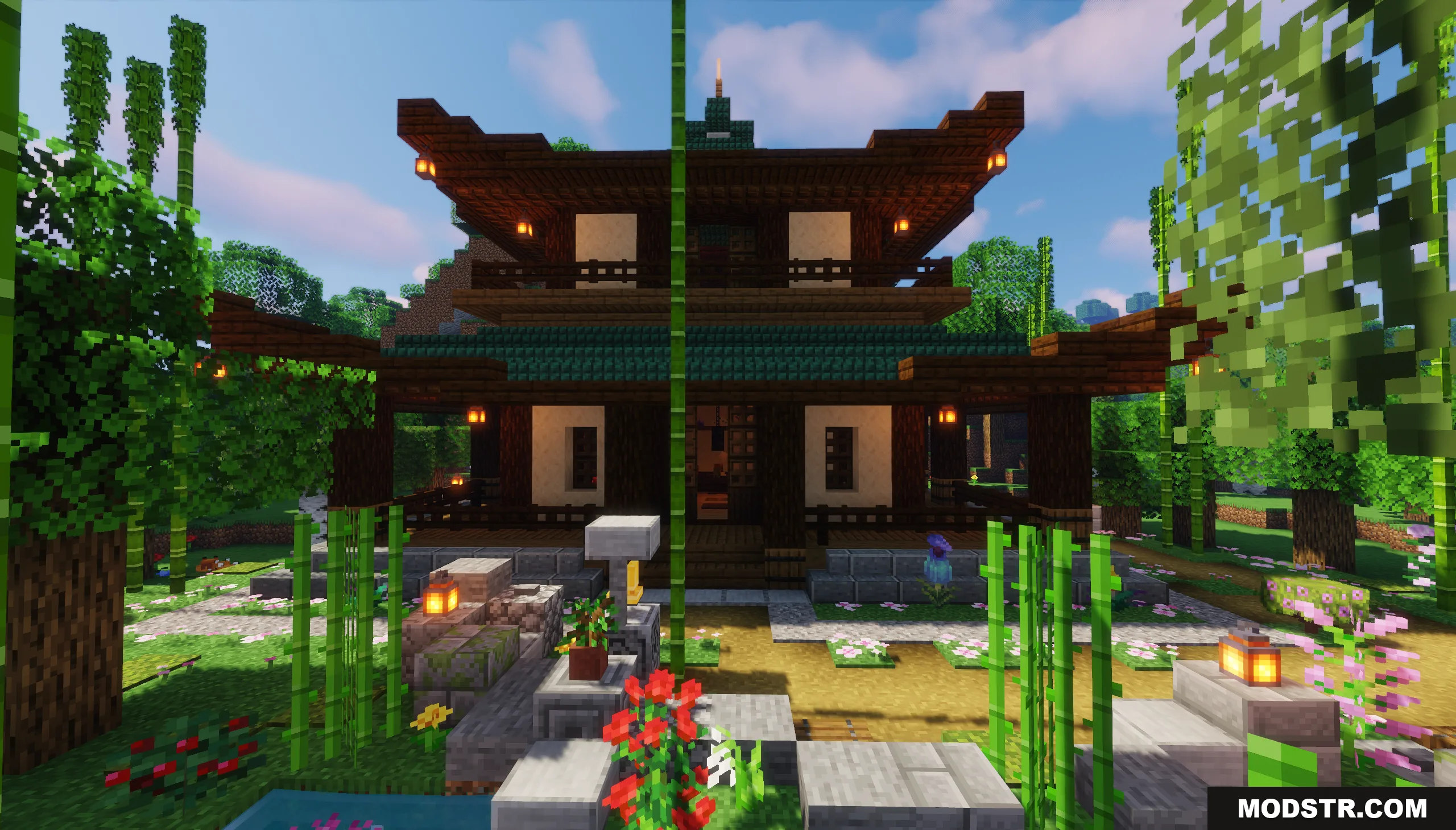 Traditional Japanese House Map Screenshot 4 Front view of a two story Japanese house with lanterns and bamboo garden