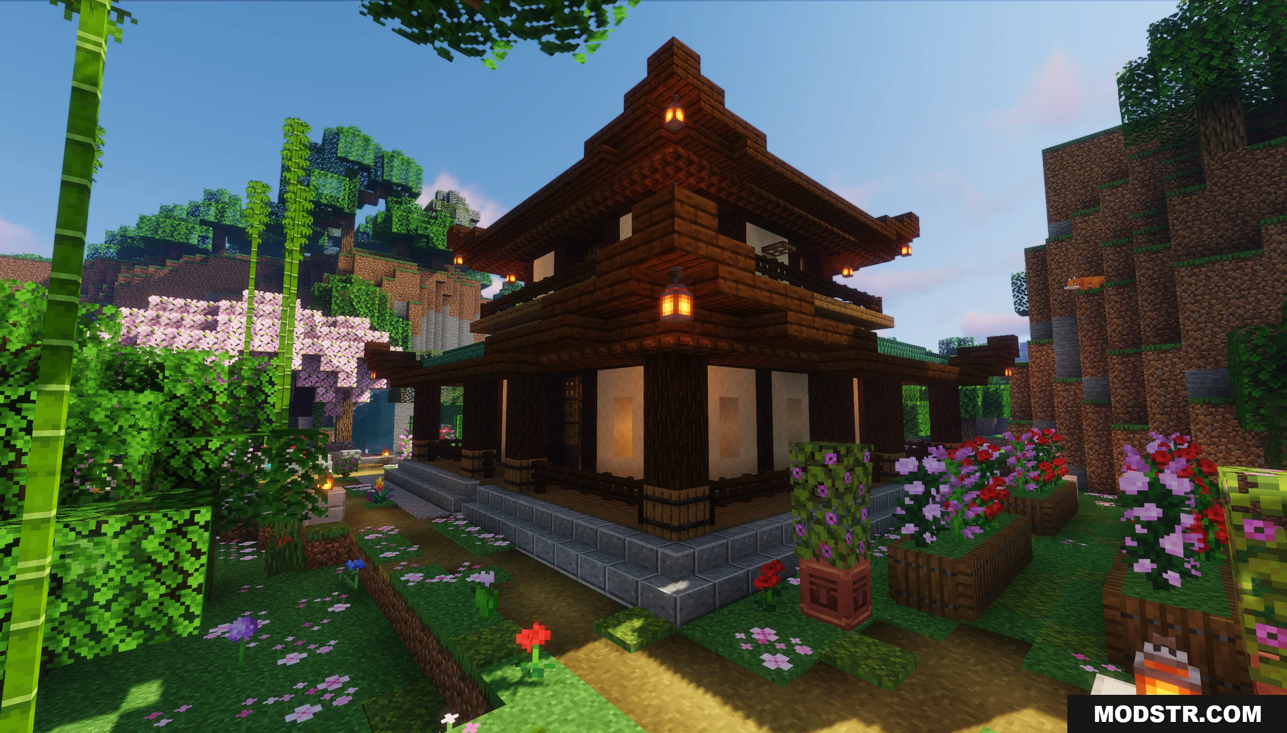 Traditional Japanese House Map Screenshot 6 A traditional Japanese house with dark wood walls and a beautiful flower garden