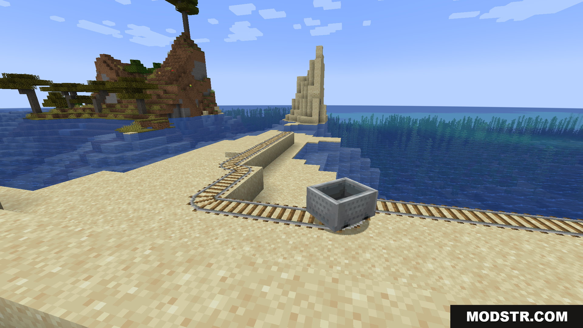 Train Network Optimisations Mod Screenshot 9 Minecart track built on a small sandy island