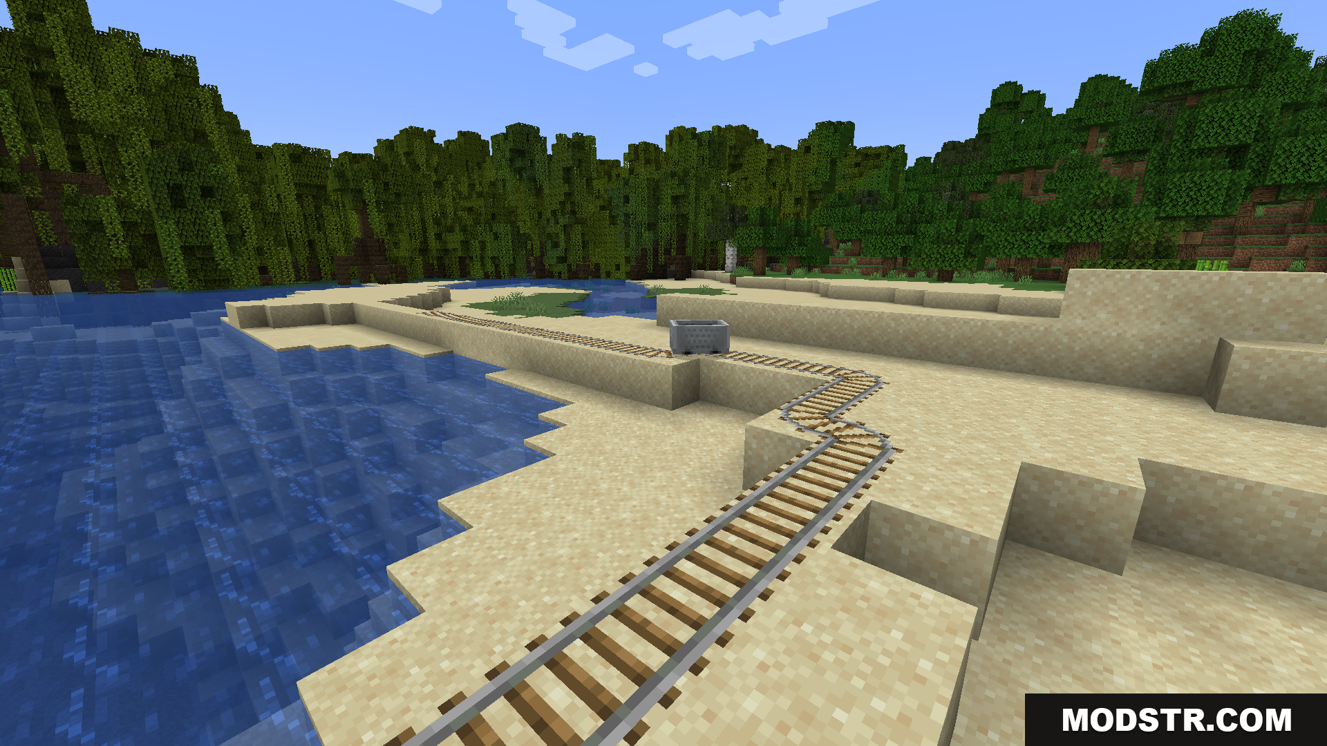 Train Network Optimisations Mod Screenshot 7 Minecart track running along a sandy beach shoreline