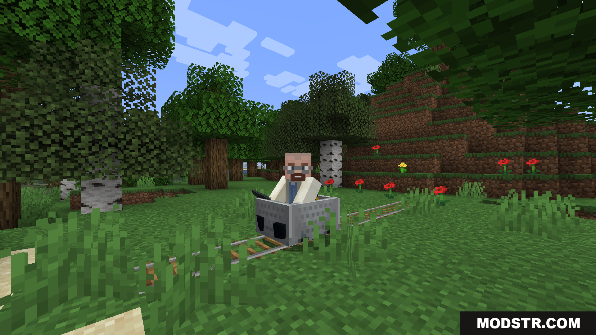 Train Network Optimisations Mod Screenshot 4 A bald man with a beard riding in a minecart