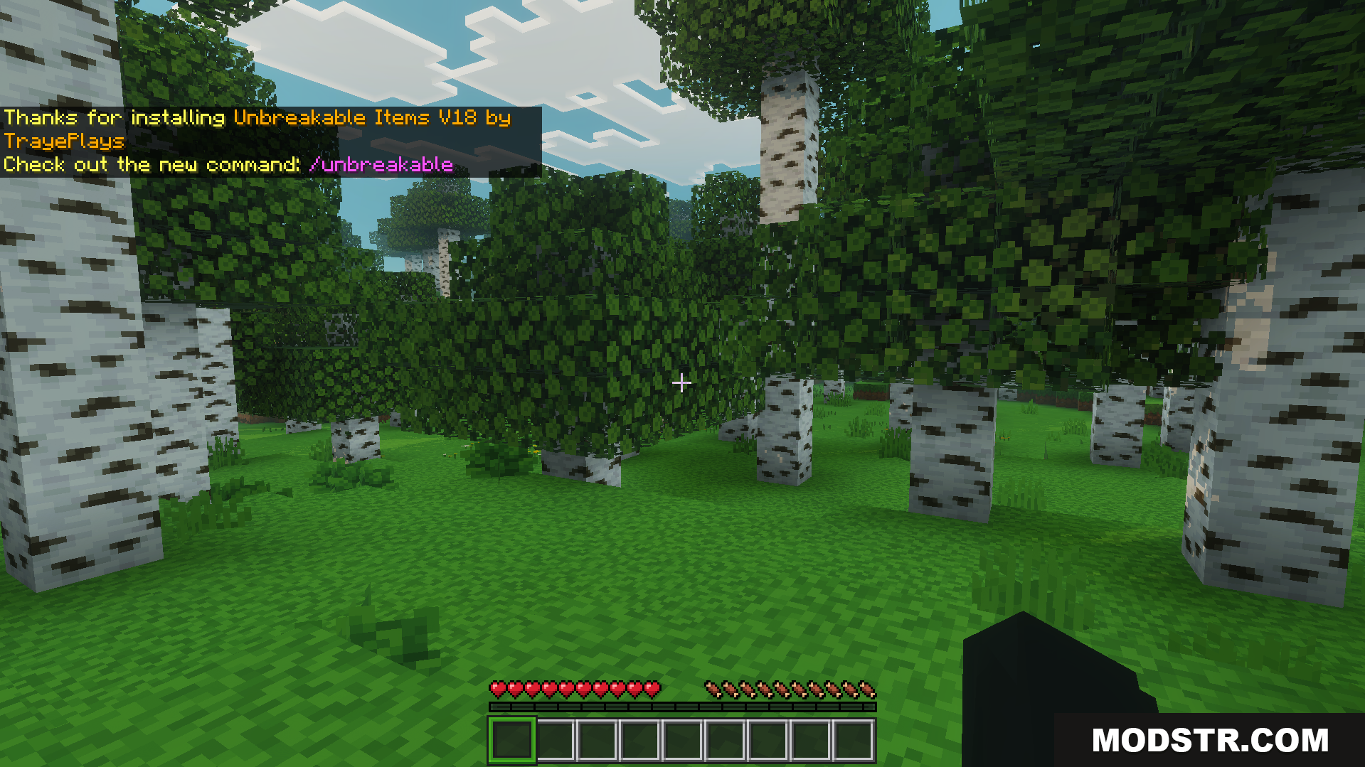 TrayePlays Unbreakable Items Addon Screenshot 2 In game chat message confirming the installation of the addon