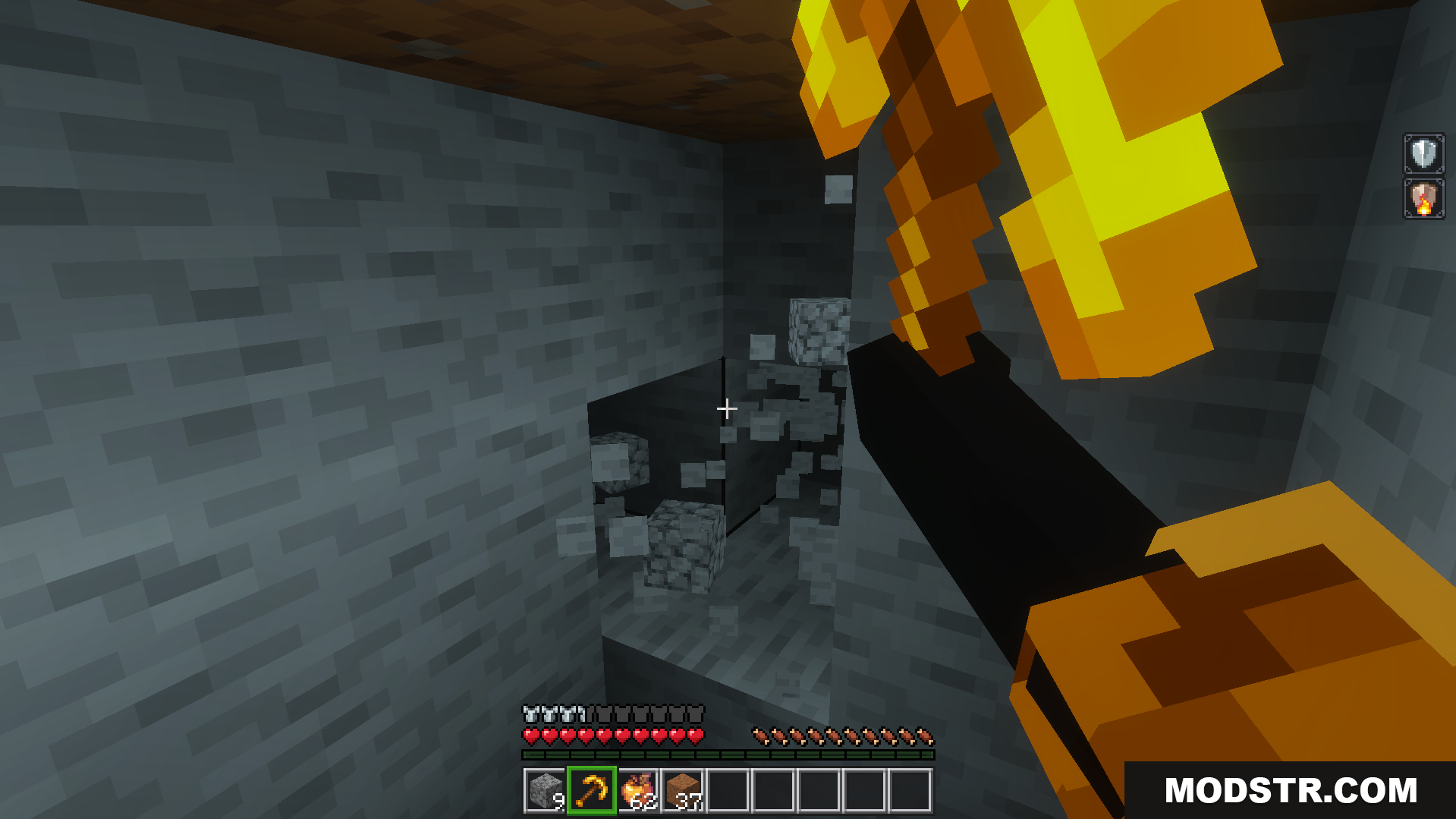 TrayePlays Unbreakable Items Addon Screenshot 7 Player mining stone blocks with an unbreakable golden pickaxe