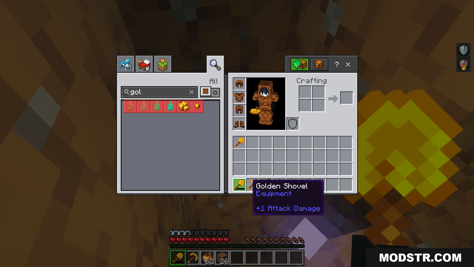TrayePlays Unbreakable Items Addon Screenshot 6 Inventory screen showing an unbreakable golden shovel item