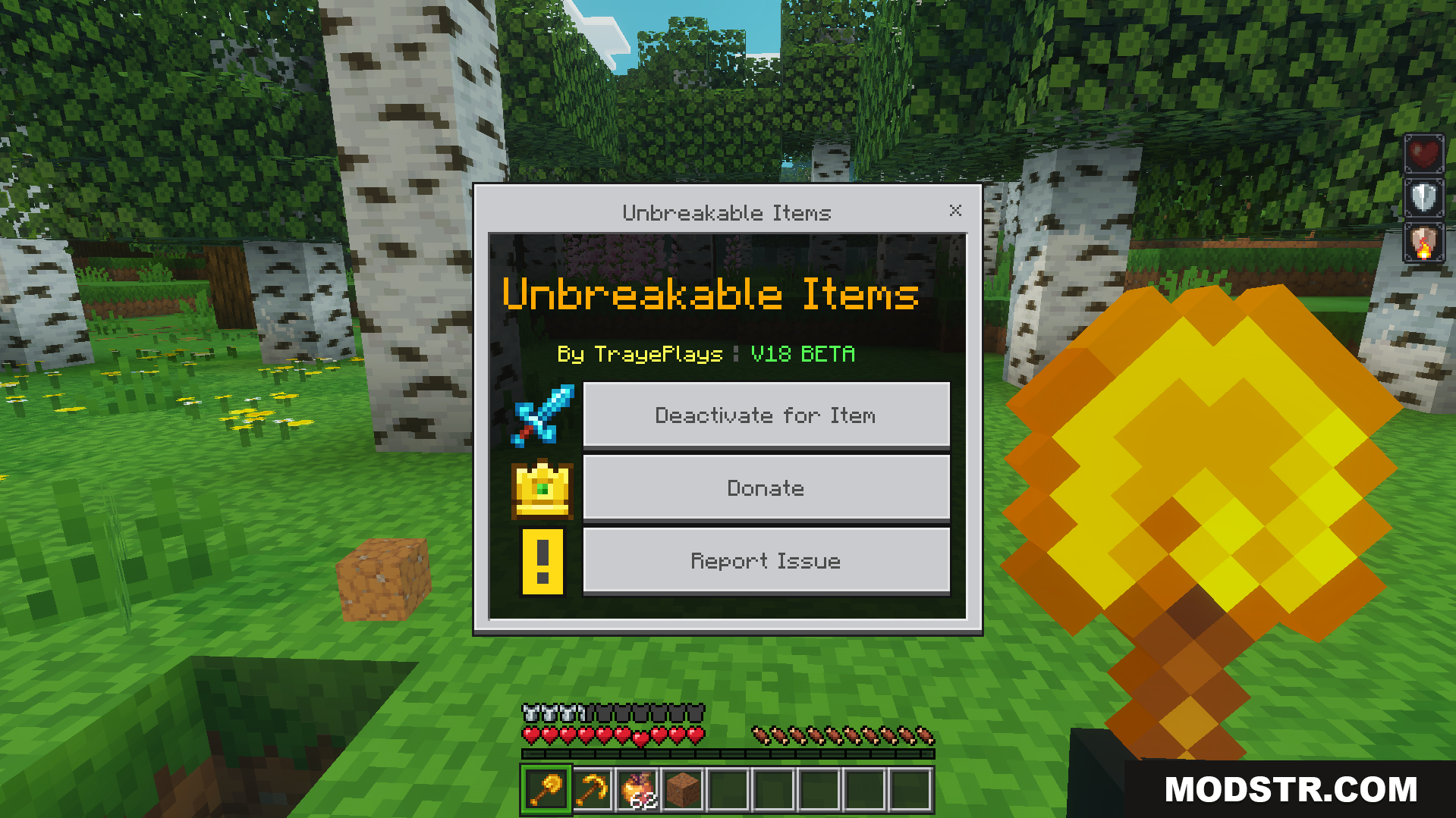 TrayePlays Unbreakable Items Addon Screenshot 3 Menu interface for managing unbreakable items settings in game