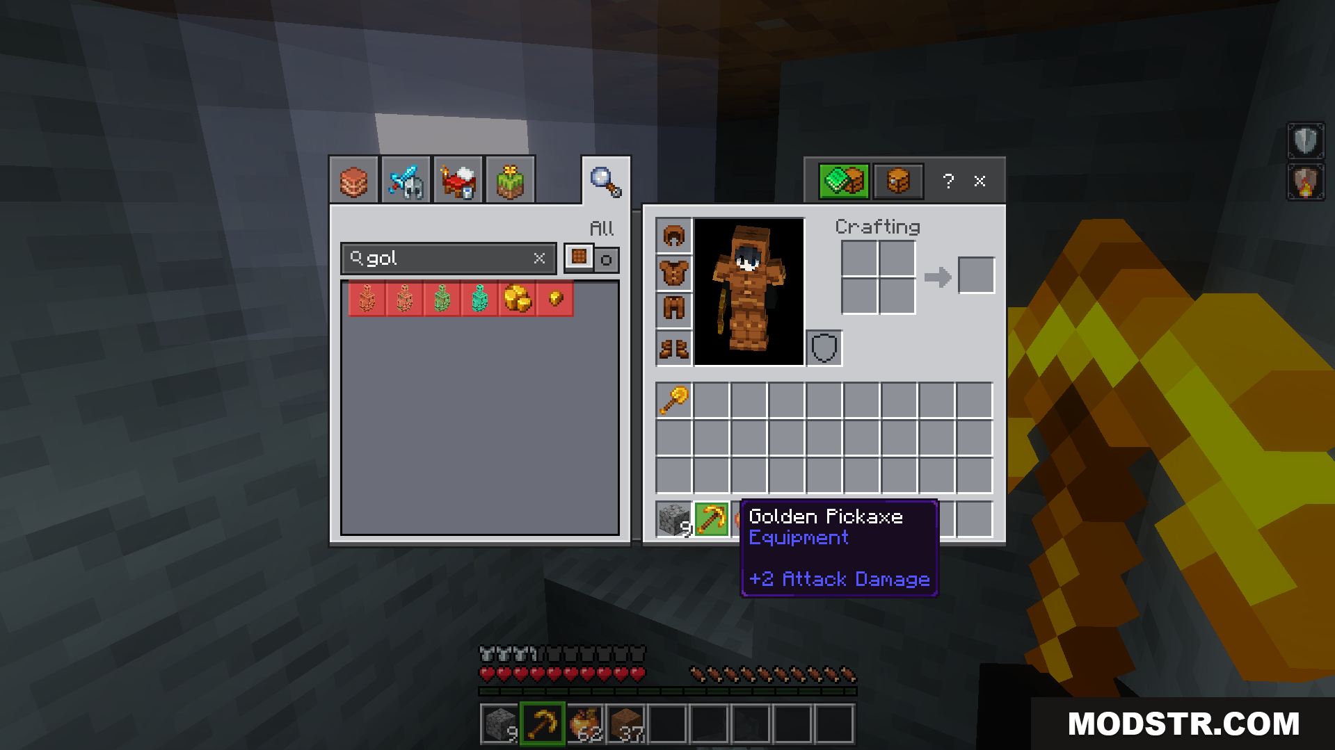 TrayePlays Unbreakable Items Addon Screenshot 8 Inventory showing an unbreakable golden pickaxe with no durability bar