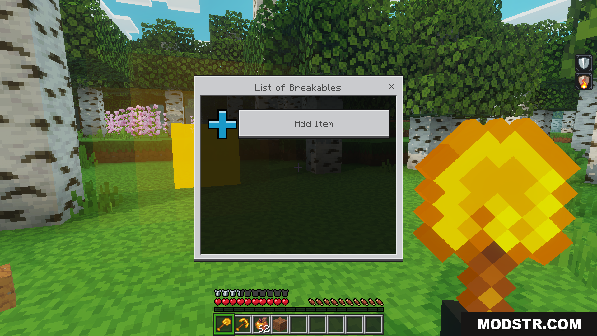 TrayePlays Unbreakable Items Addon Screenshot 4 List of breakables interface showing add item button option