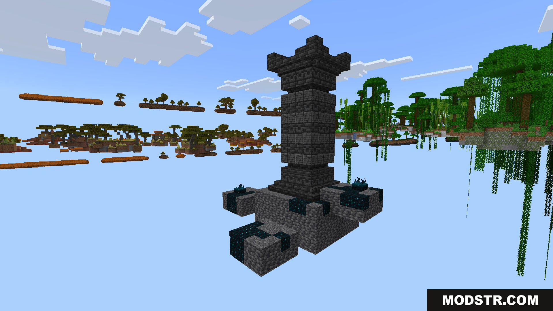 Tryzzs Skyblock Adventure Map Screenshot 7 A custom stone tower structure floats among the skyblock islands