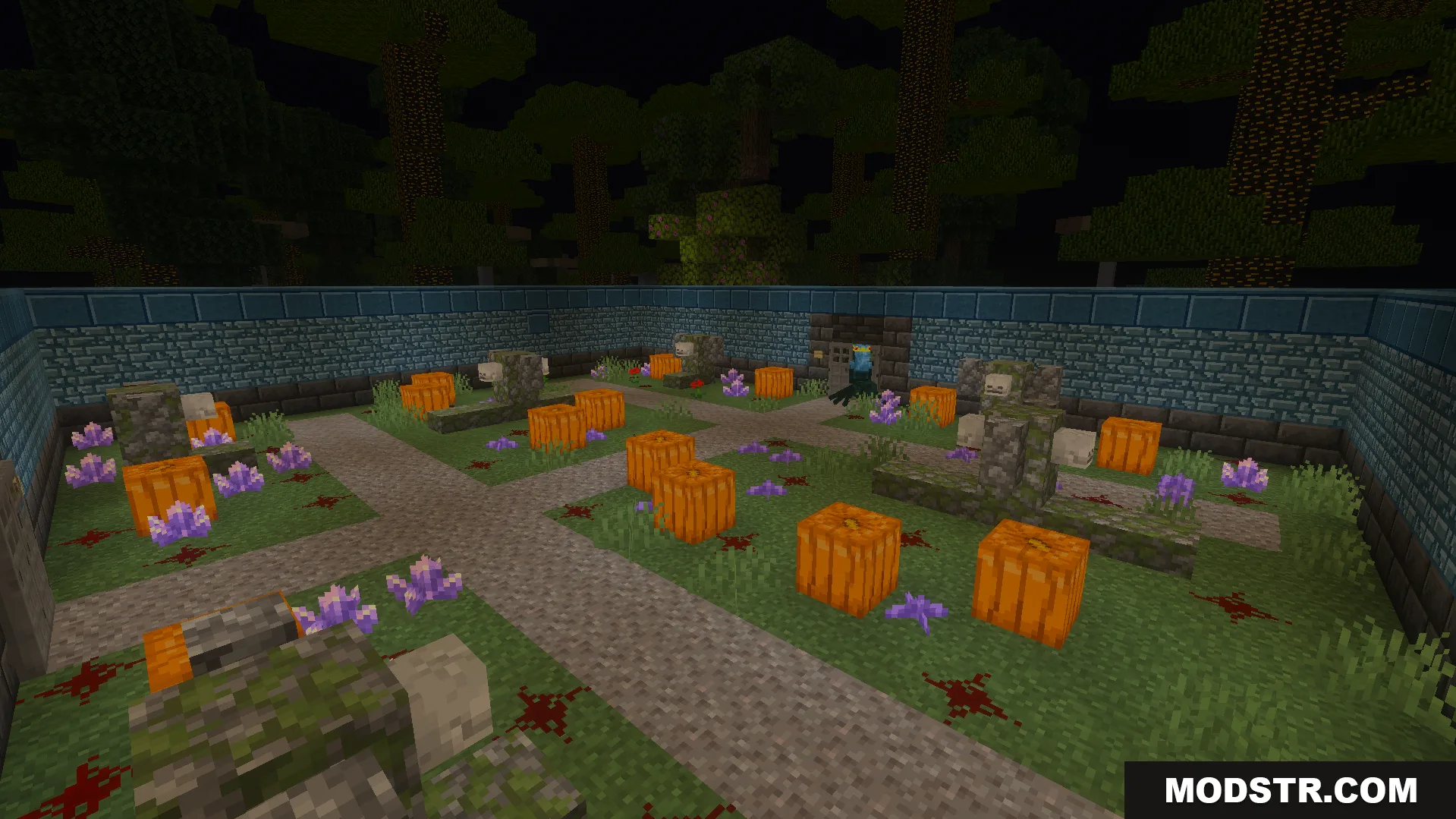 Twilight Abyss Dimension Addon Screenshot 10 A dungeon courtyard filled with pumpkins purple crystals and mossy stone structures