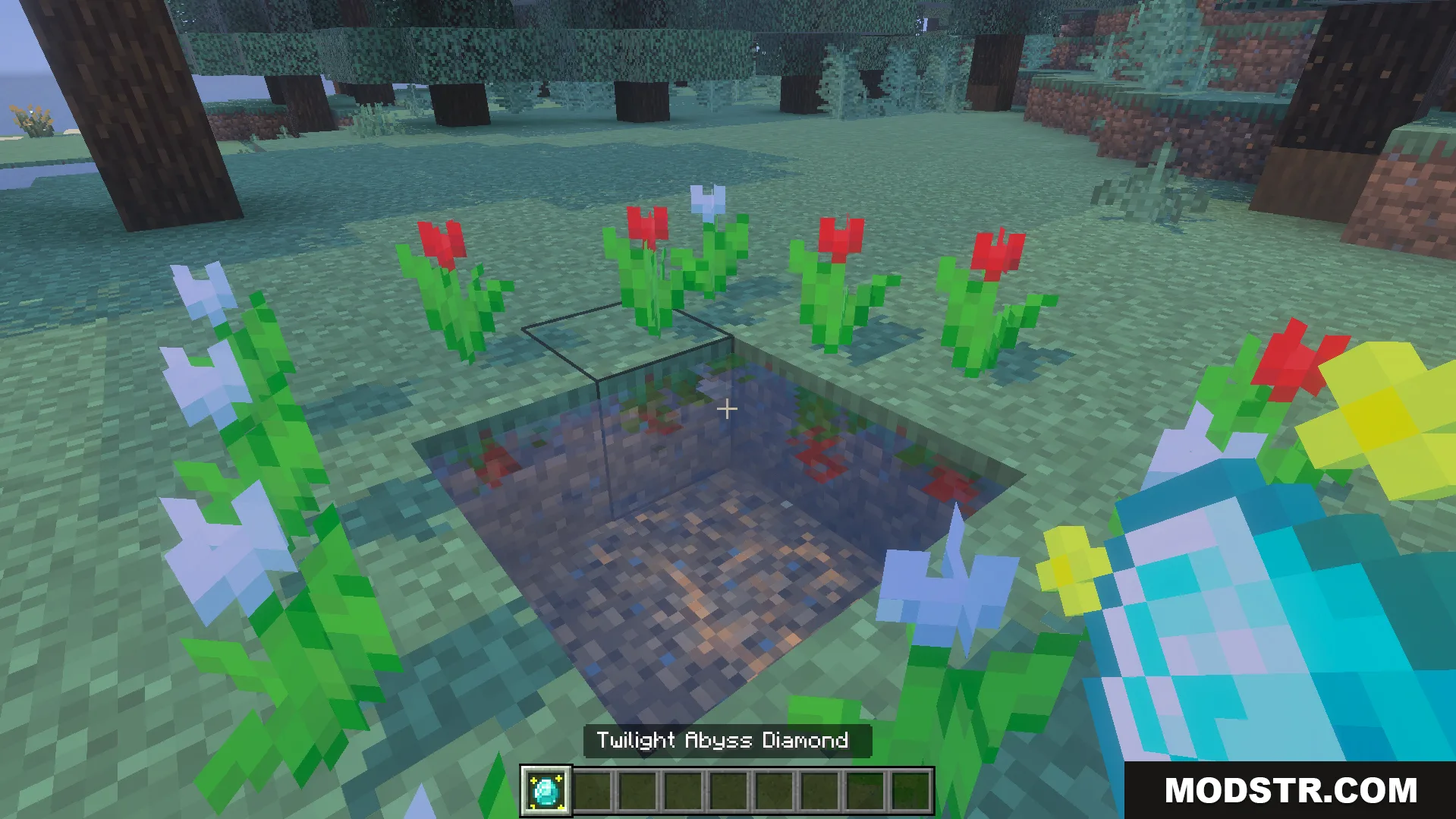 Twilight Abyss Dimension Addon Screenshot 4 Player holding a Twilight Abyss Diamond next to a flower surrounded water portal