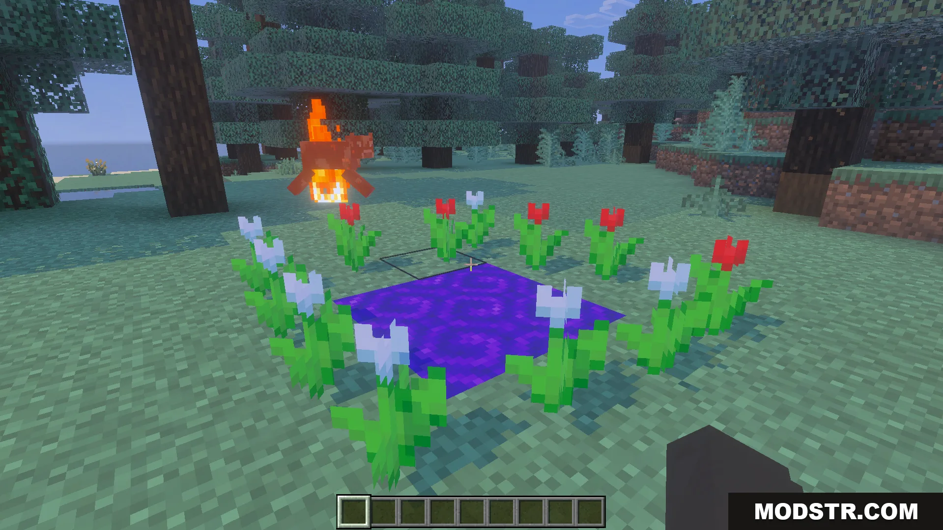 Twilight Abyss Dimension Addon Screenshot 5 A purple water portal surrounded by flowers in the Twilight Abyss Dimension Addon