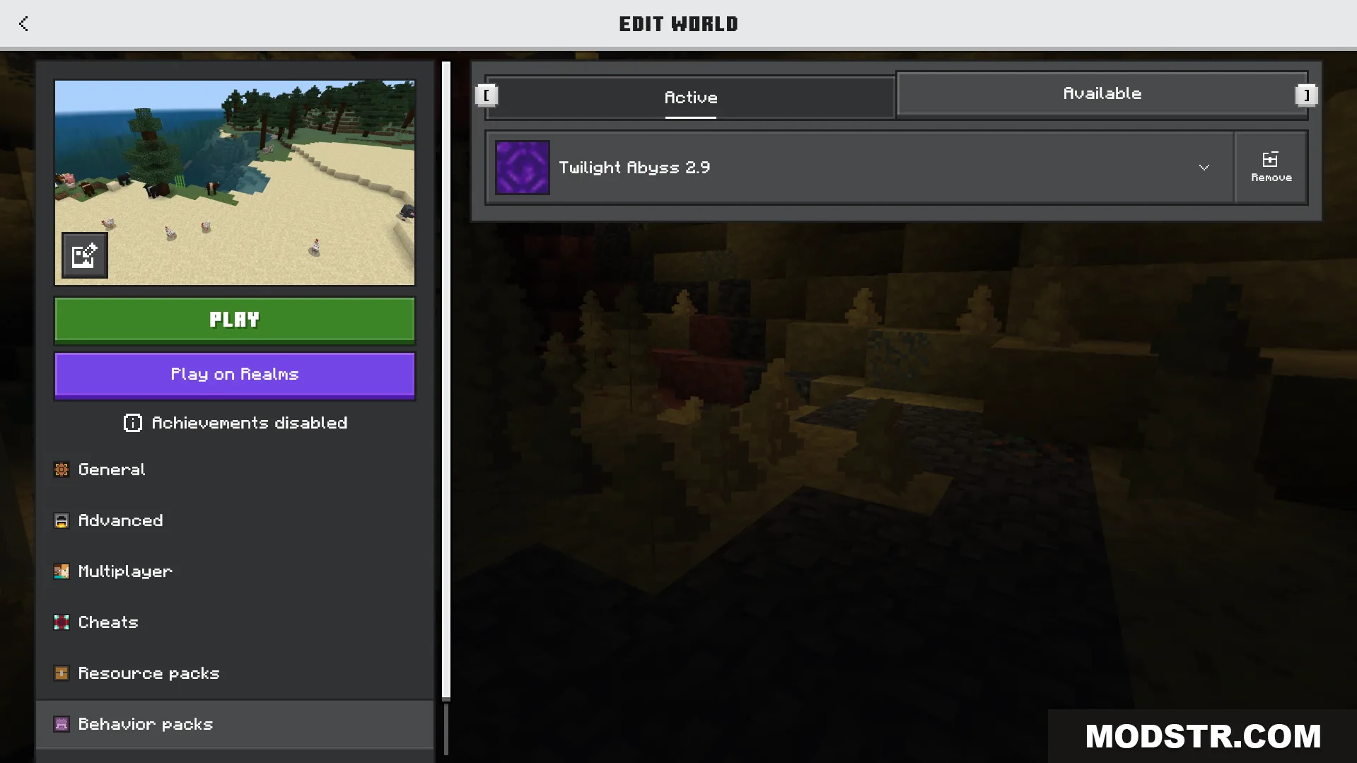 Twilight Abyss Dimension Addon Screenshot 1 Minecraft Bedrock edit world menu showing the active Twilight Abyss behavior pack