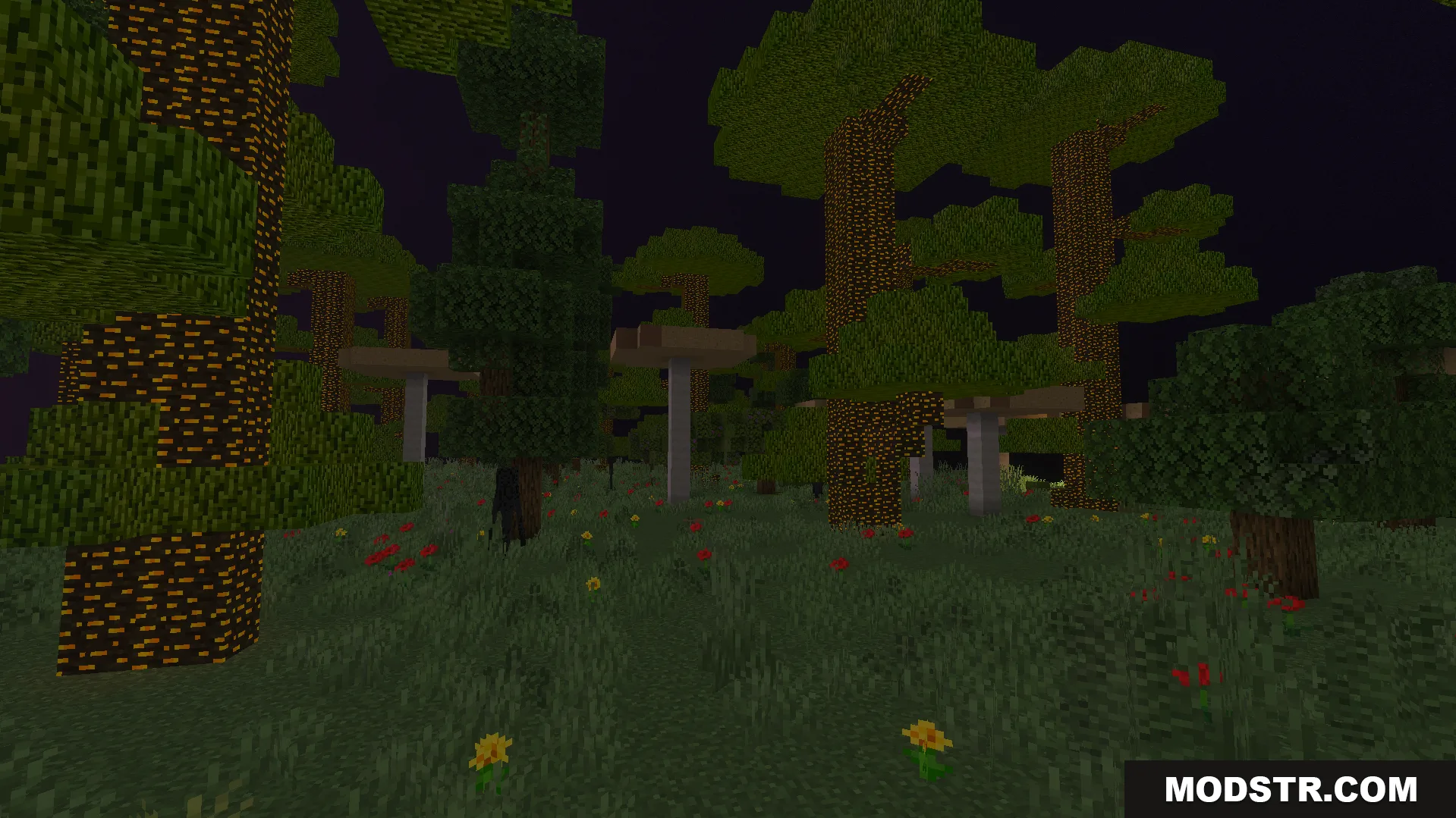 Twilight Abyss Dimension Addon Screenshot 8 Exploring a dark forest biome with unique trees and mushrooms under night sky