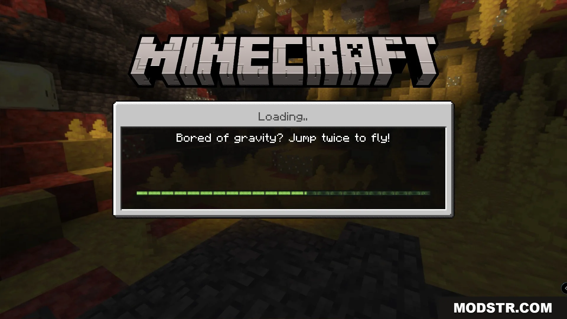 Minecraft Bedrock loading screen with a gameplay tip and a cave background
