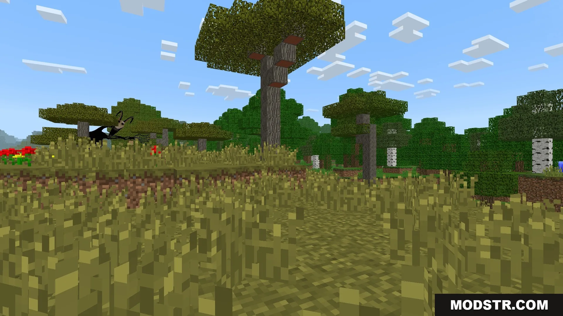 Twixxels Stalkers Addon features a scary monster peeking from behind a tree