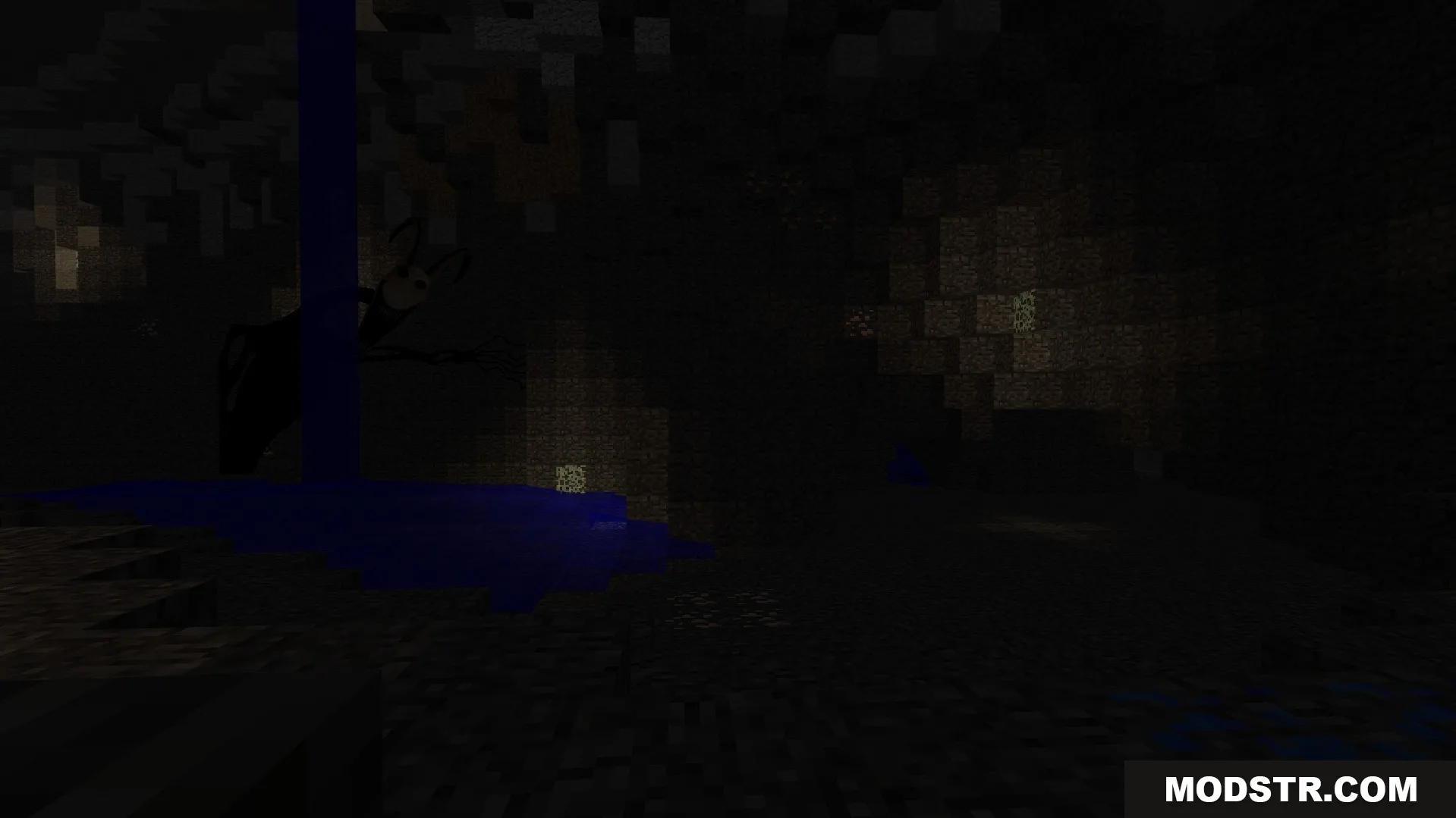 Twixxel Stalkers Addon monster peeking from behind a blue waterfall in a cave