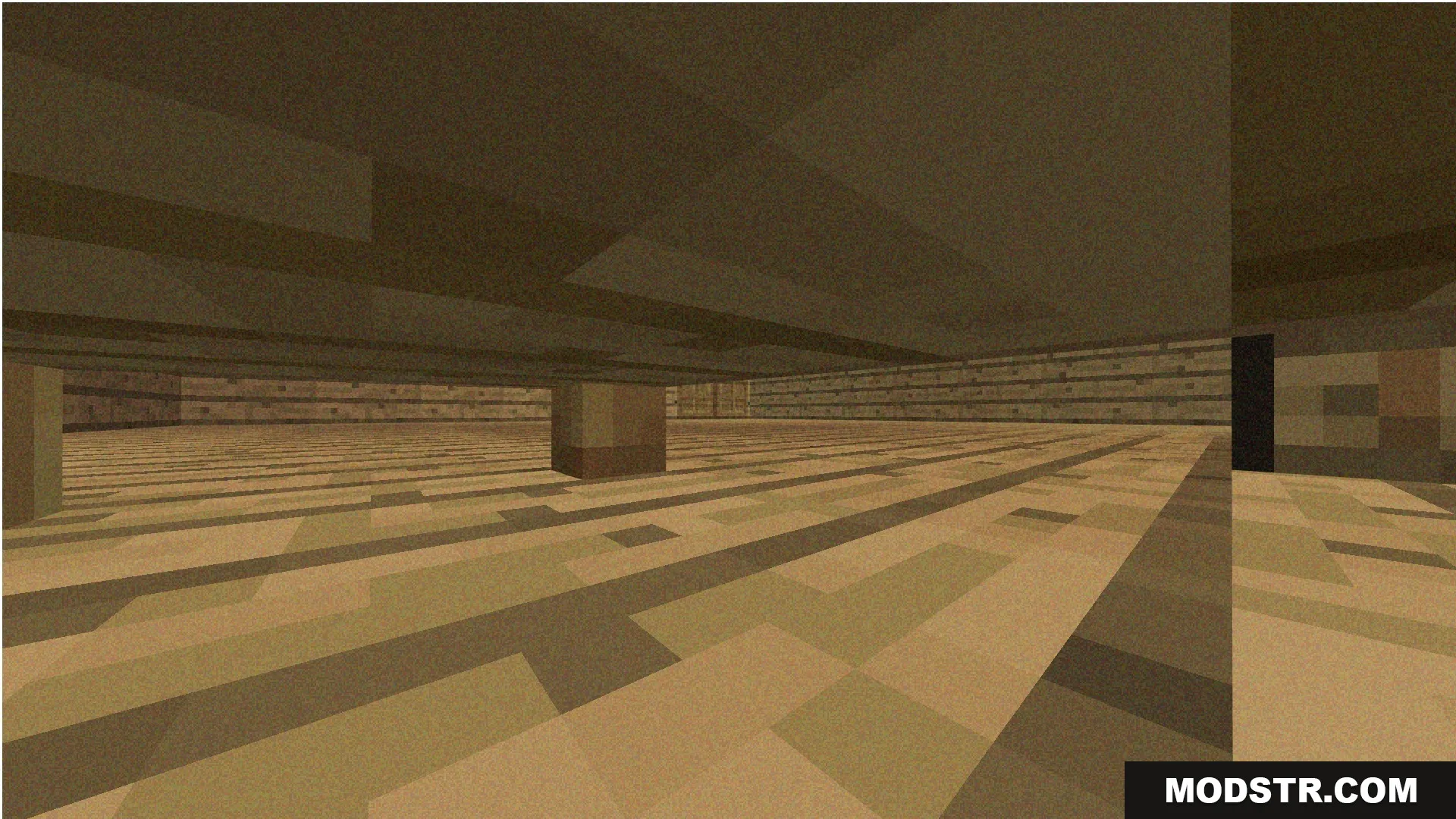 A large empty room with low ceilings and pillars in Minecraft